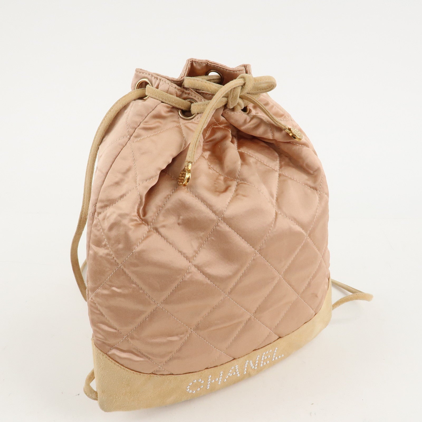 CHANEL Matelasse Satin Suede Back Pack Ruck Sack Pink Beige Used