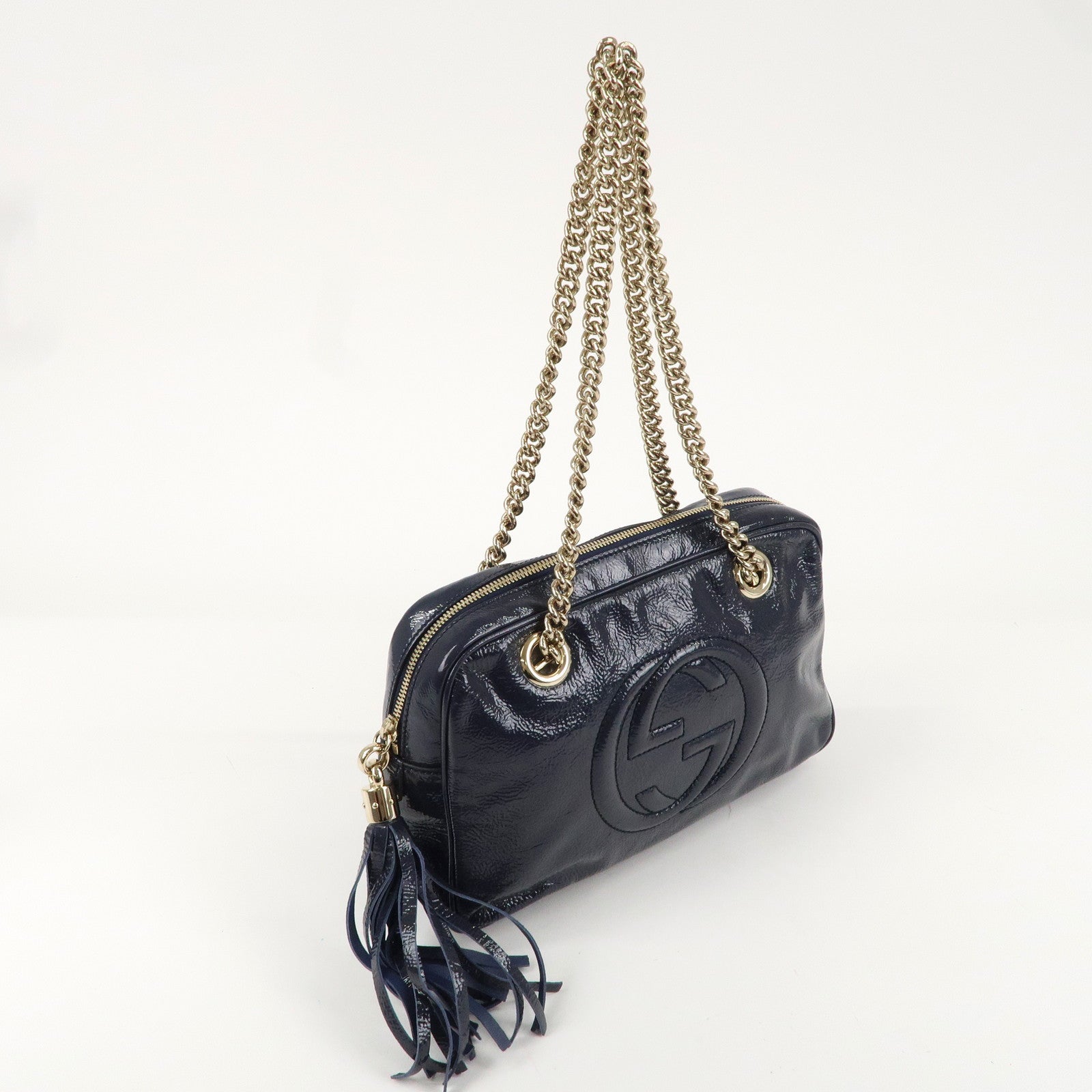 GUCCI SOHO Leather Chain Patent Shoulder Bag Navy 308983Used F/S