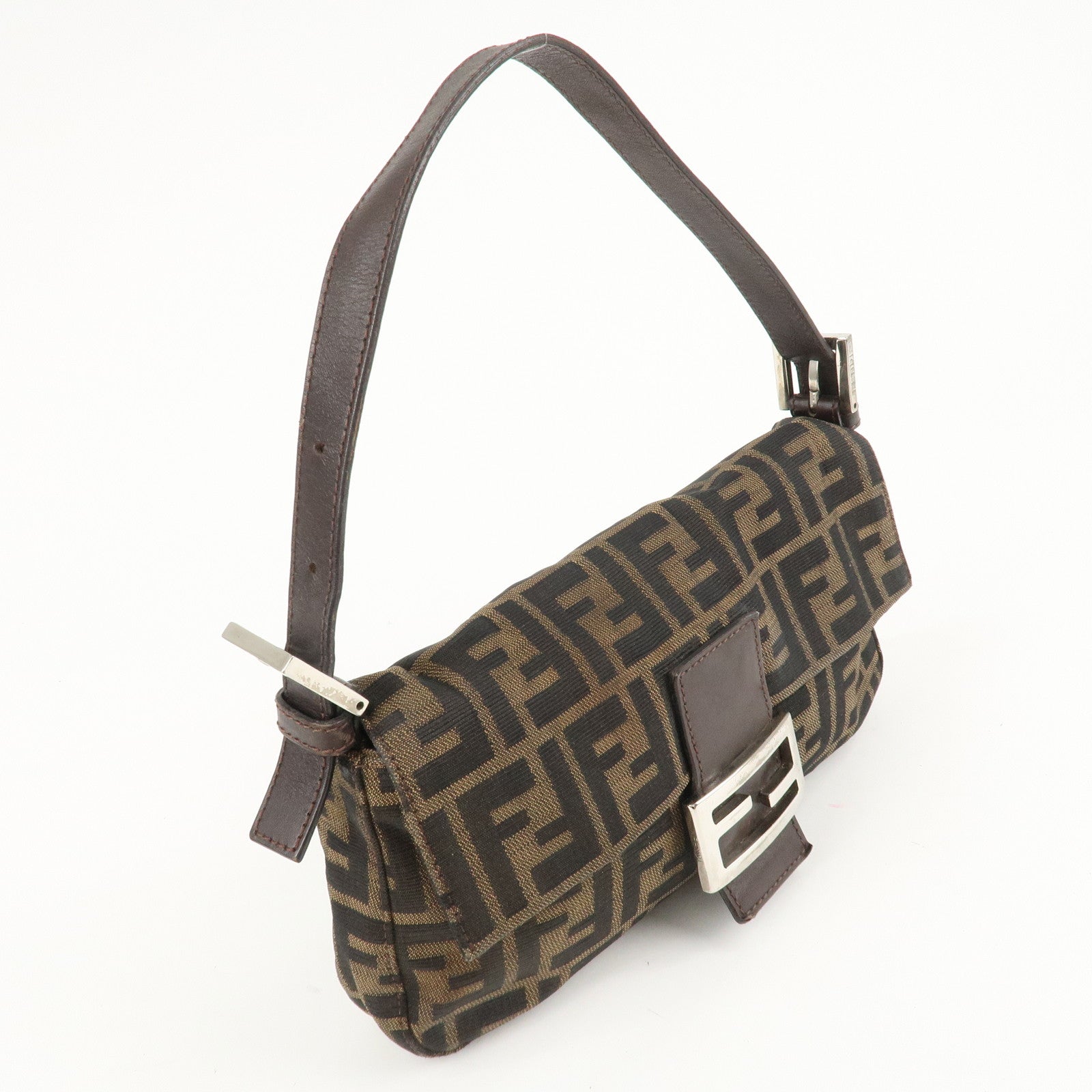 FENDI Mamma Baguette Zucca Canvas Leather Shoulder Bag Brown