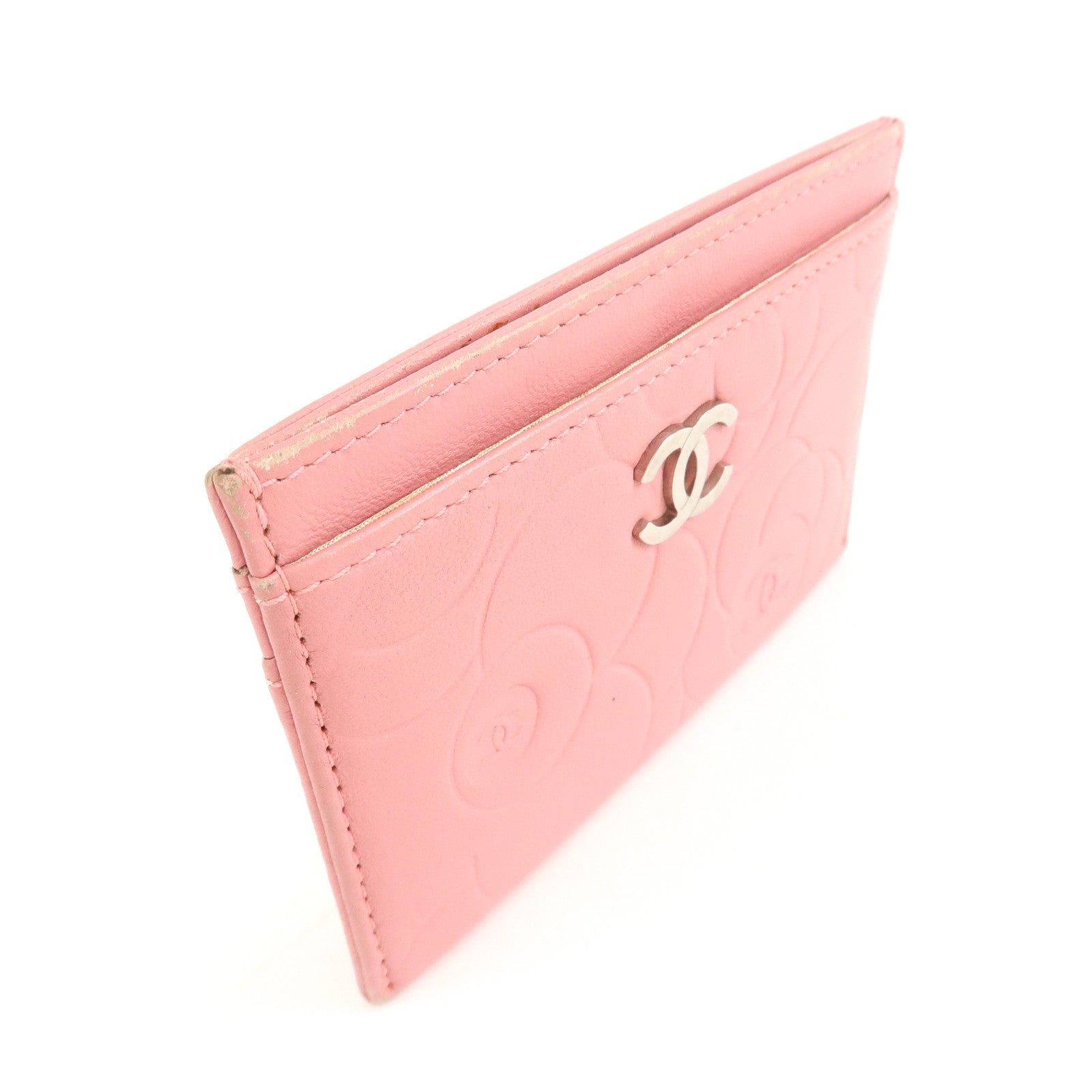 CHANEL Camelia Lamb Skin Card Case Pink A82286 Used