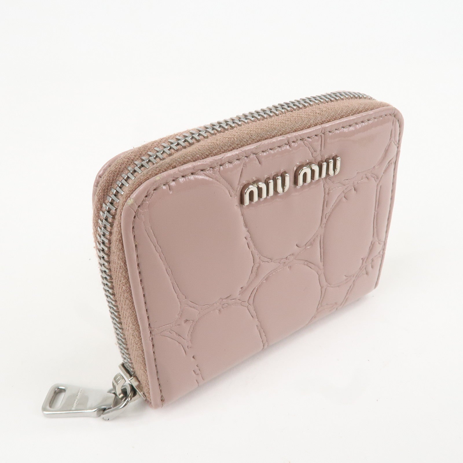 MIU MIU Enamel Round Zipper Coin Case Pink Beige