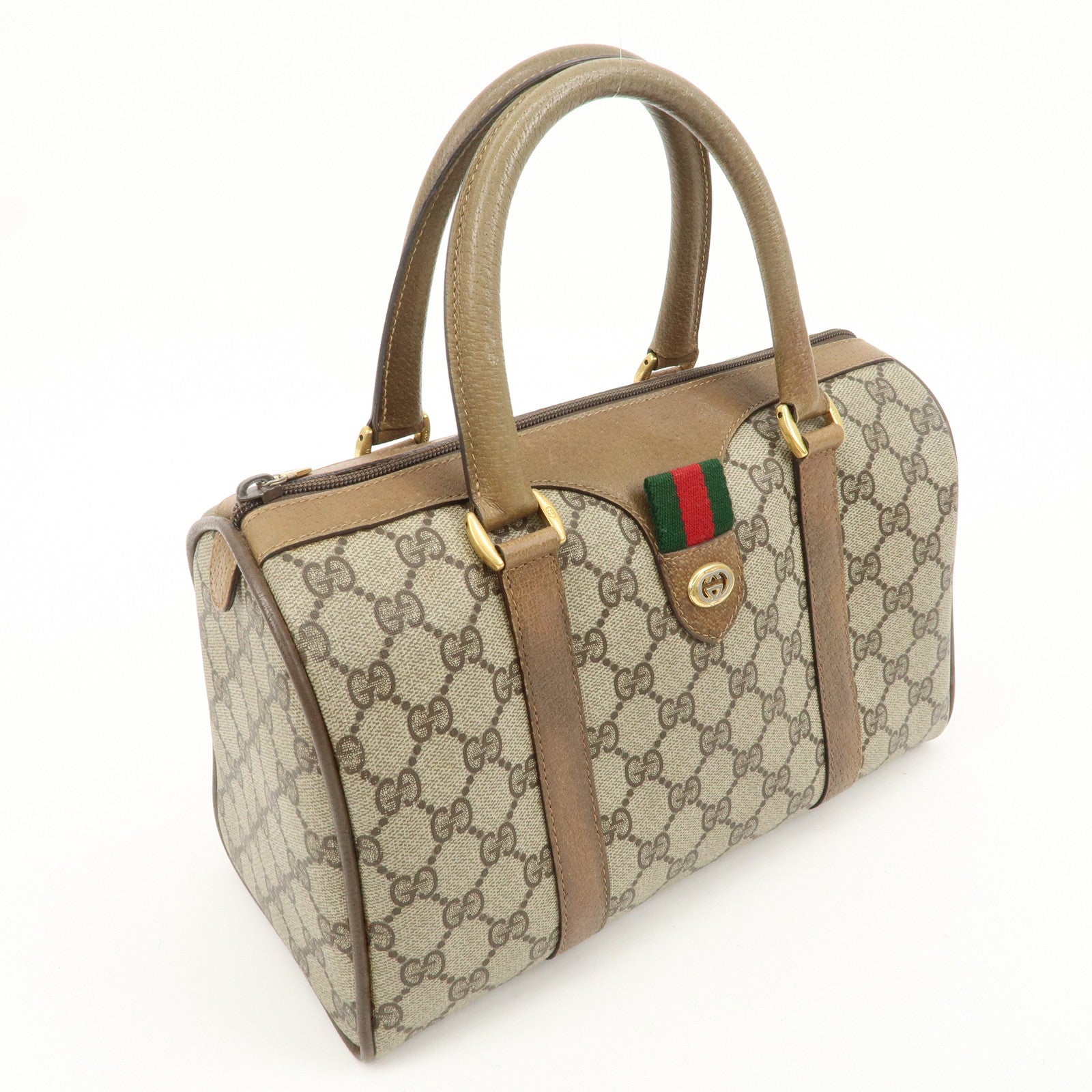 GUCCI Old Gucci Sherry GG Plus Leather Boston Bag Beige Brown