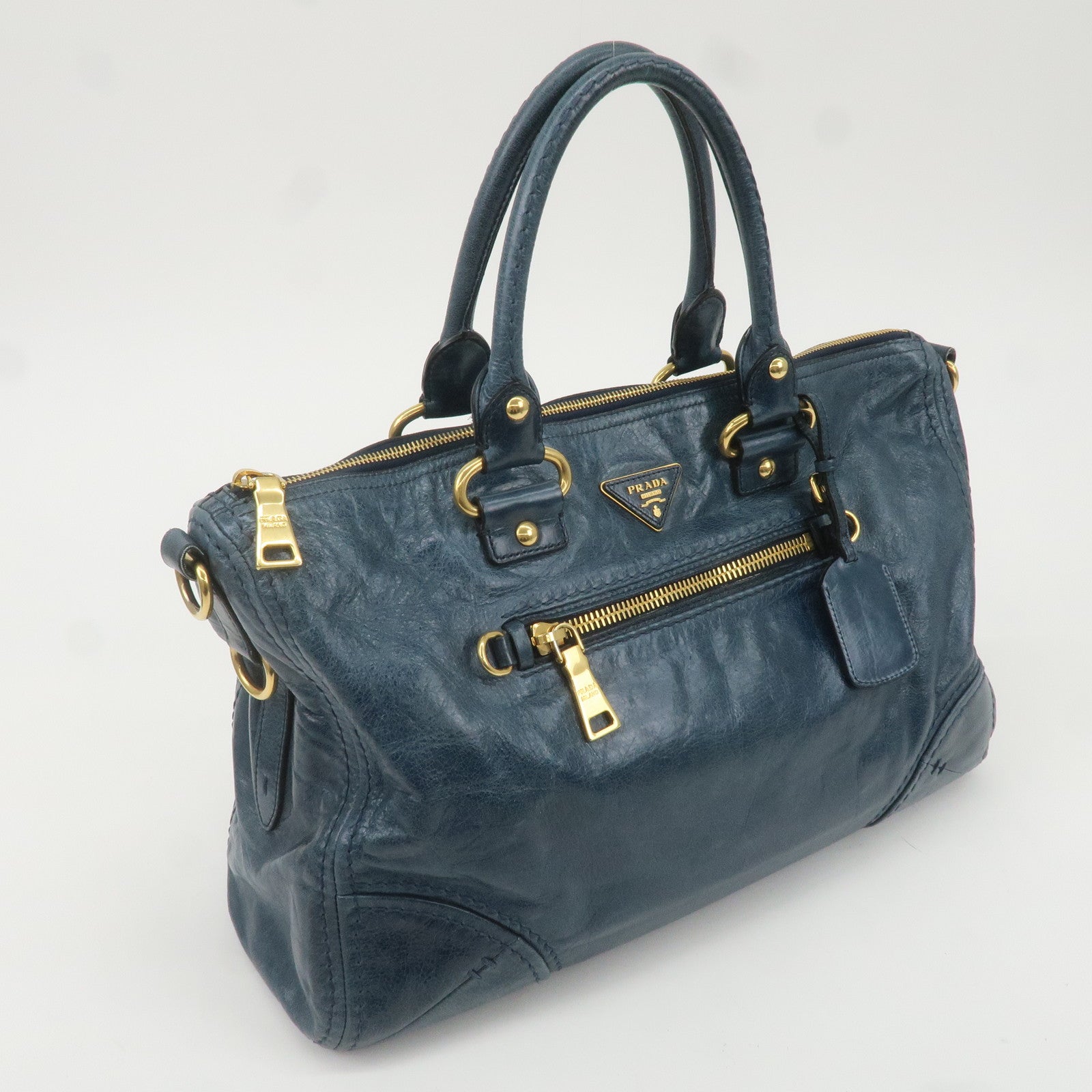 PRADA Leather 2Way Bag Shoulder Bag Blue BL0678