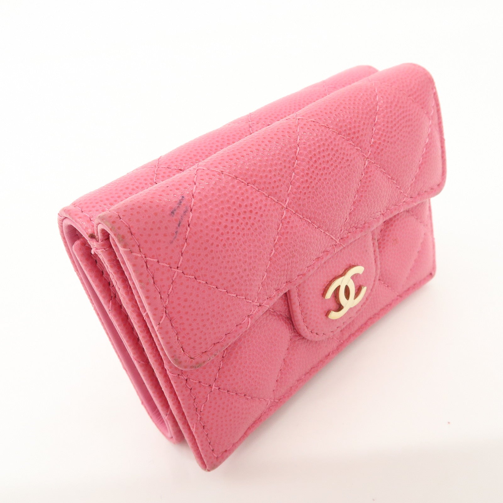 CHANEL Matelasse Caviar Skin Tri-Fold Wallet Pink A84401 Used