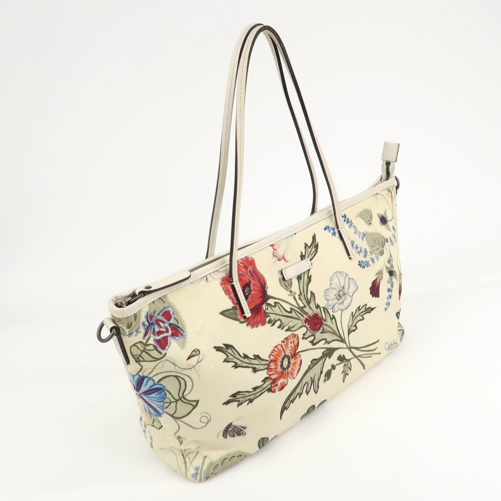 GUCCI Flora Canvas Leather Tote Bag Hand Bag Ivory 353437