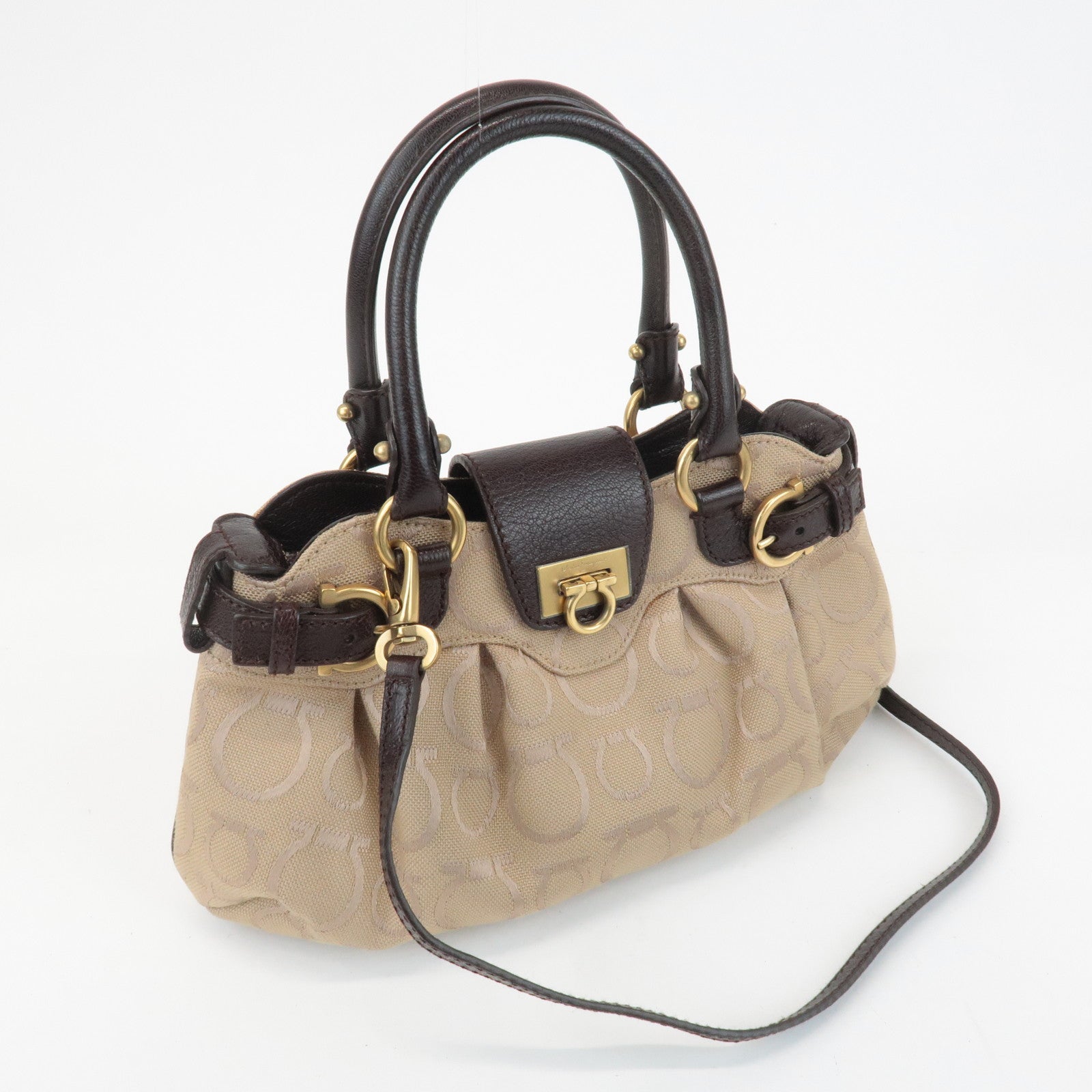 Ferragamo Gancini Canvas Leather 2Way Bag Beige Dark Brown Used