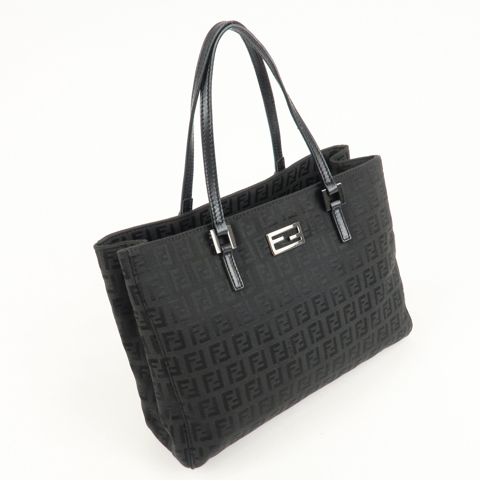 FENDI Zucchino Canvas Leather Tote Bag Hand Bag Black 8BH132