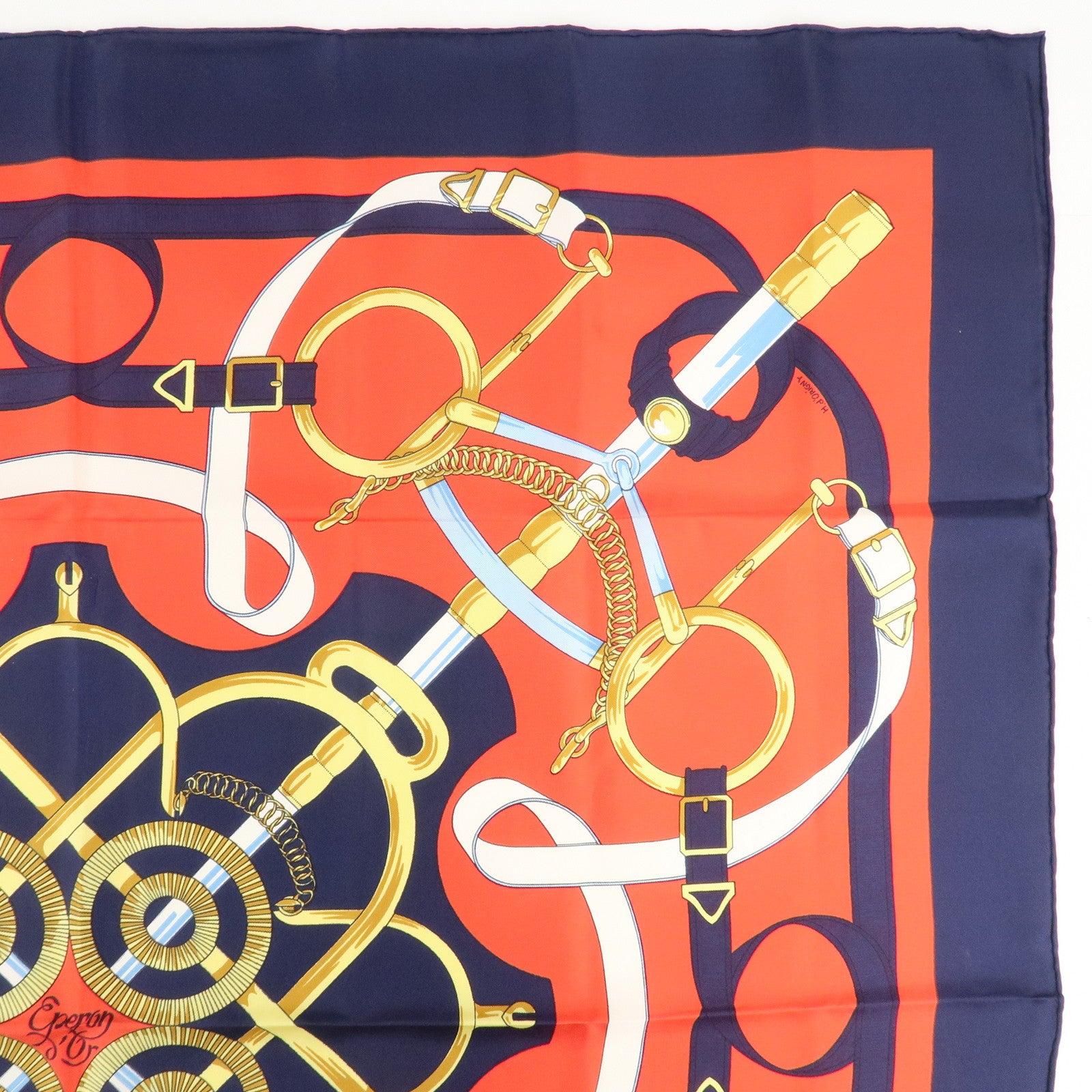 HERMES Carre 90 100% Silk Scarf Eperon d'or Red Navy Gold Used