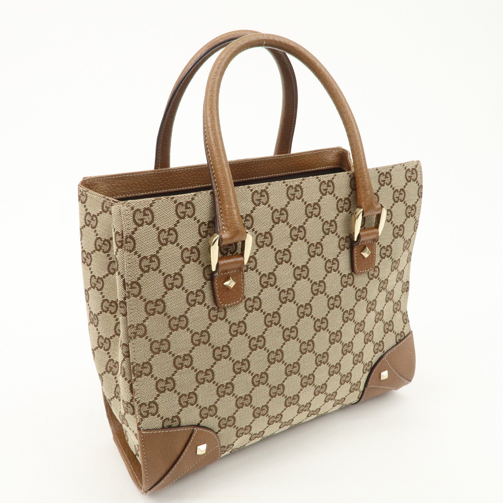 GUCCI GG Canvas Leather Tote Bag Hand Bag Beige Brown 120895