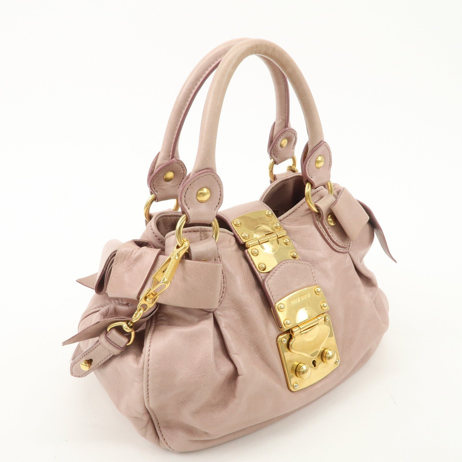 MIU MIU Leather 2WAY Bag Hand Bag Shoulder Bag Gold HDW Beige