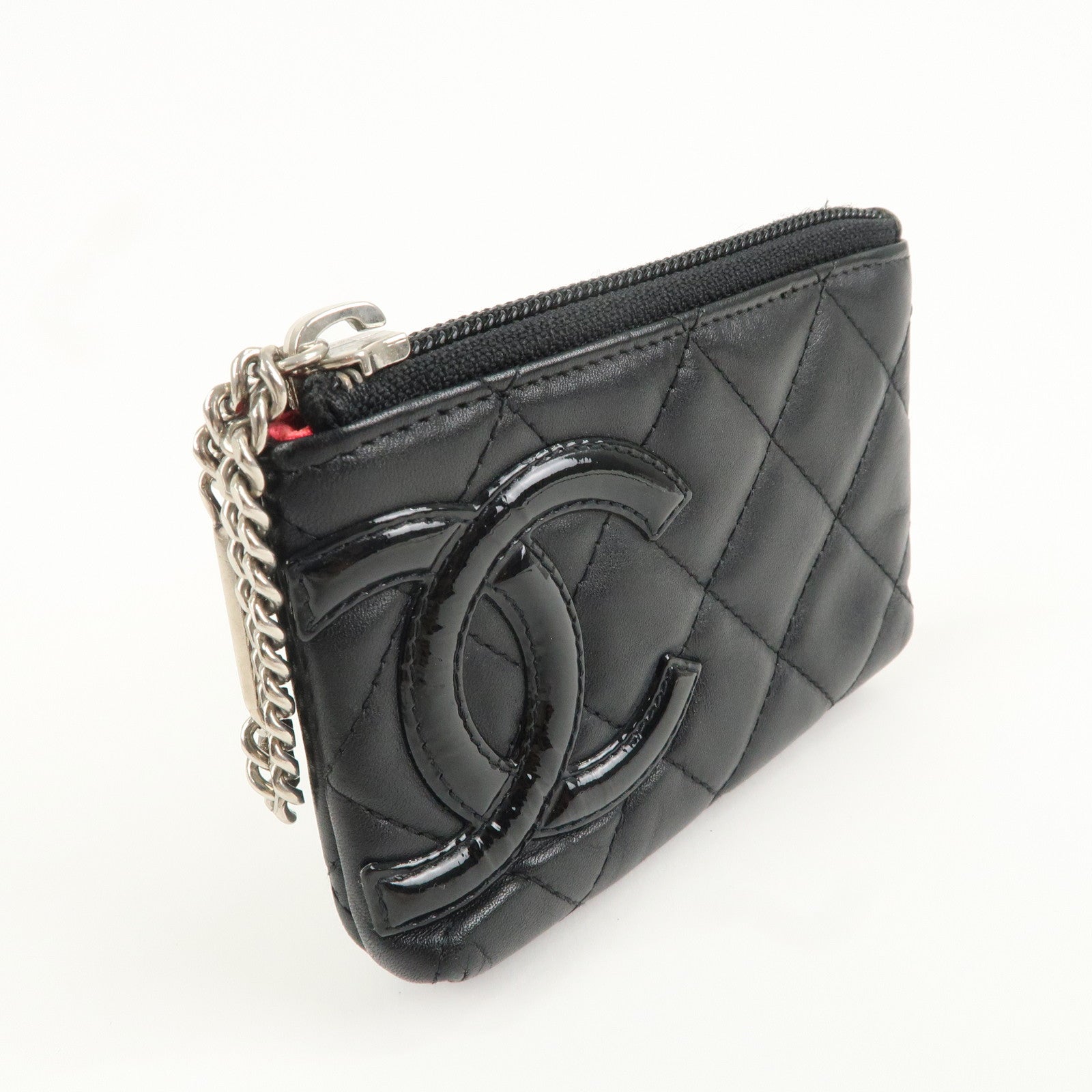 CHANEL Cambon Line Lamb Skin Enamel Coin Case Black A50083