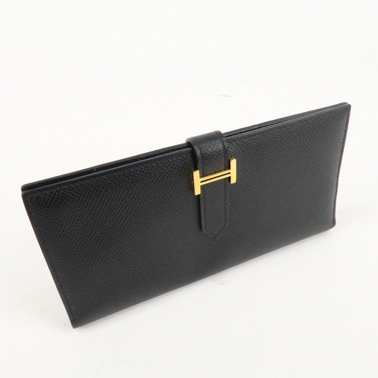 HERMES Leather Bearn Long Wallet M Stamped (around 2009) Black Used