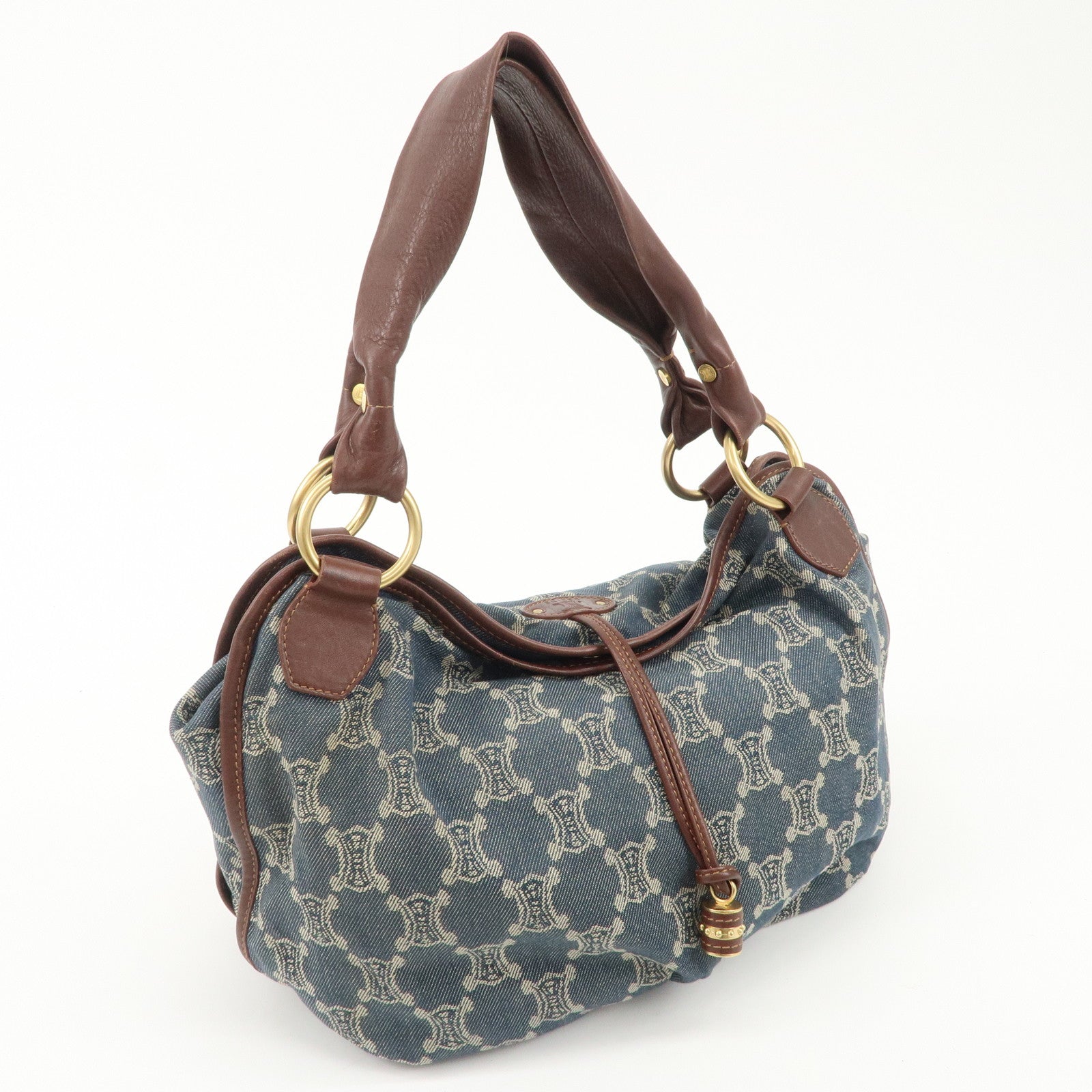 CELINE Macadam Denim Leather Bittersweet Shoulder Bag Blue Brown Used