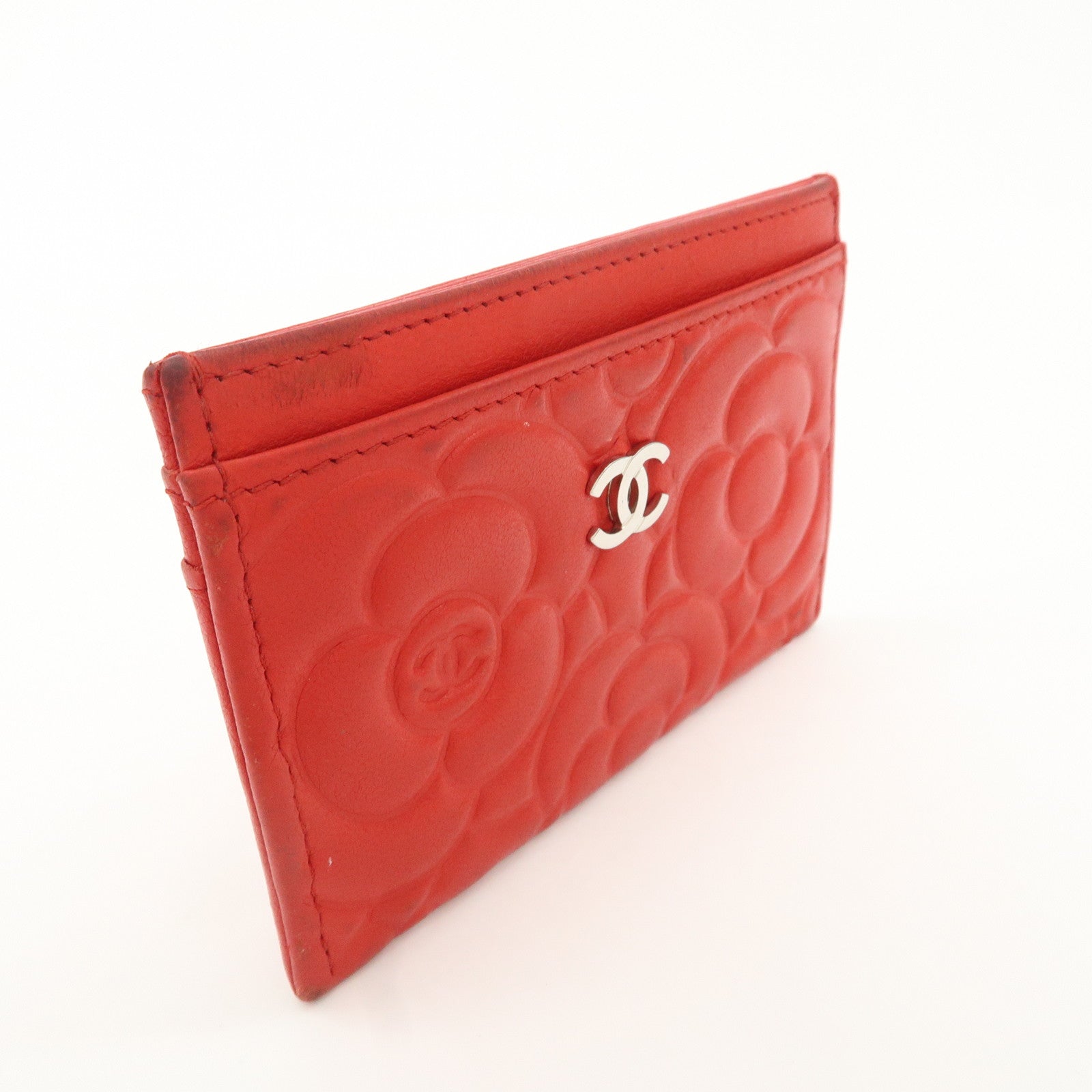 CHANEL Camellia Lambskin Embossed Card Case Red A3173855