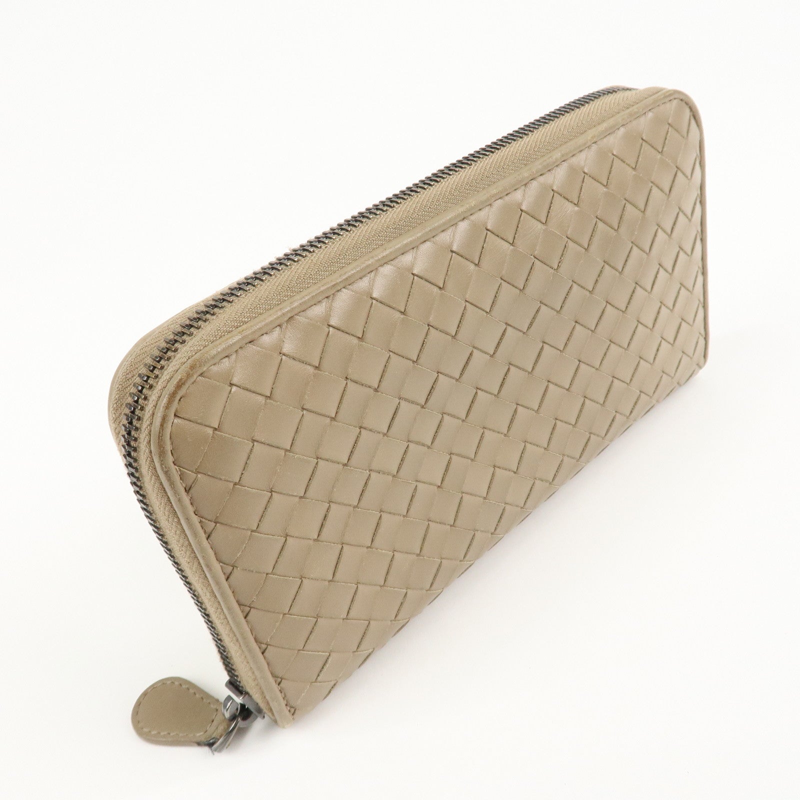 BOTTEGA VENETA Intrecciato Leather Zip Around Long Wallet Beige Used