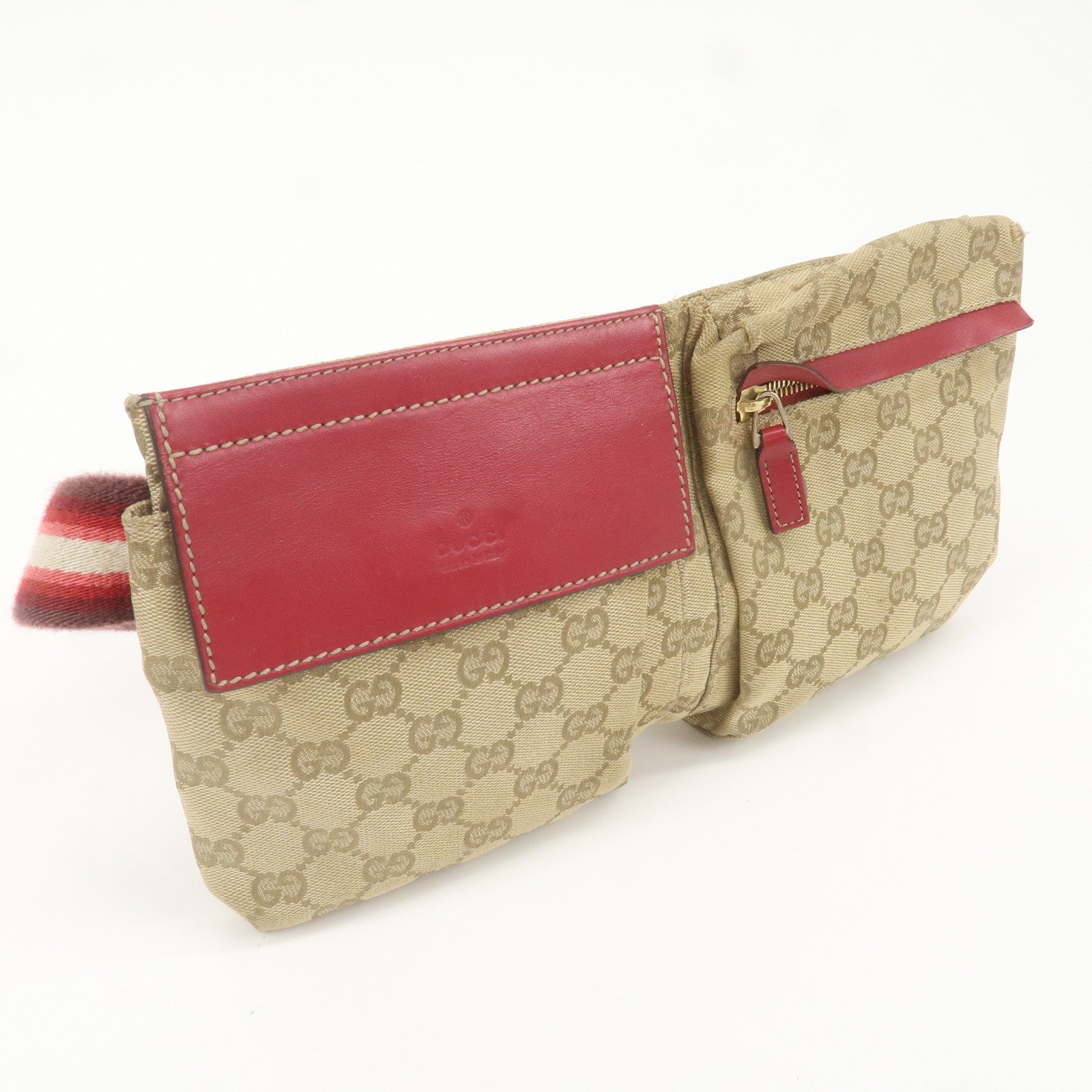 GUCCI GG Canvas Leather Waist Bag Waist Pouch Beige Red 28566