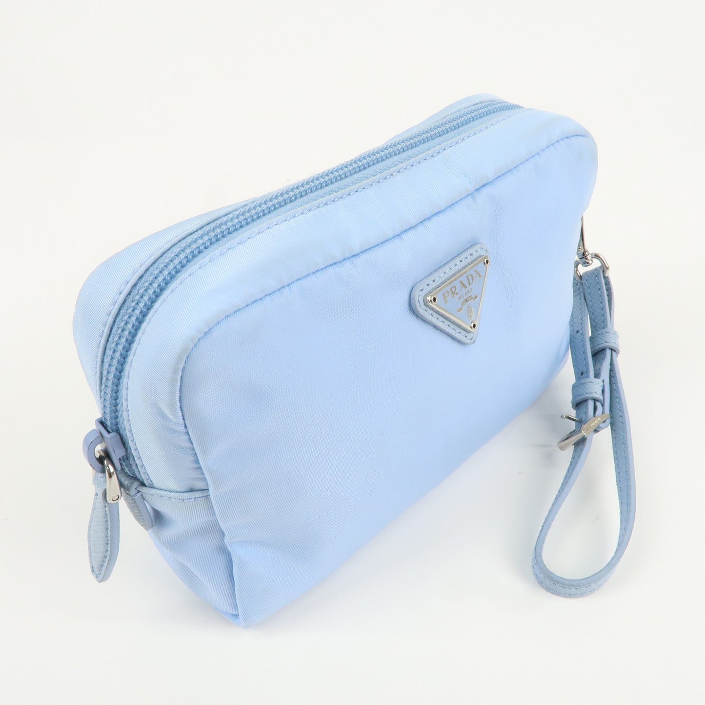 PRADA Logo Nylon Saffiano Leather Pouch Light Blue 1NE021