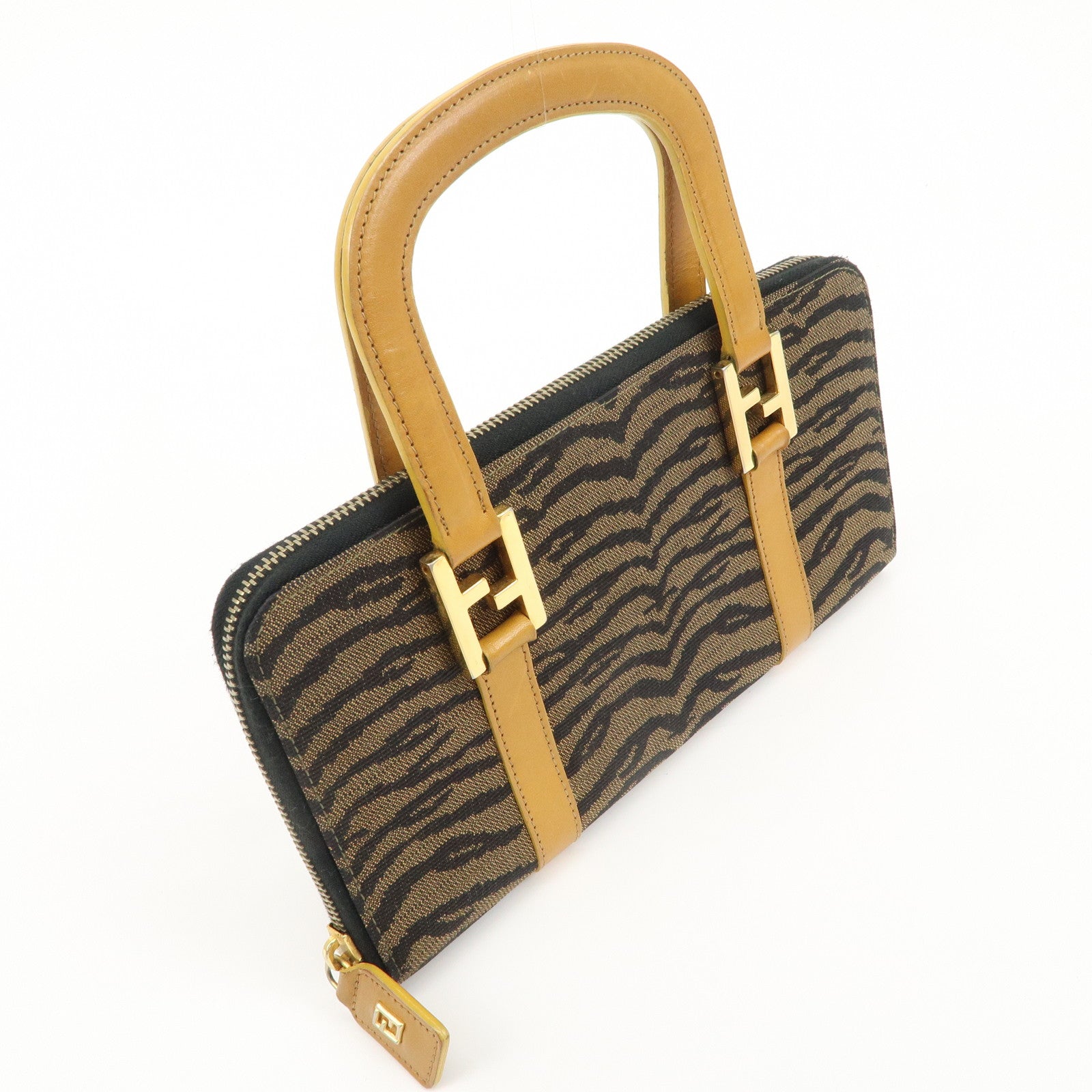 FENDI Canvas Leather Angora Hand Bag Zebra Brown Black 26347