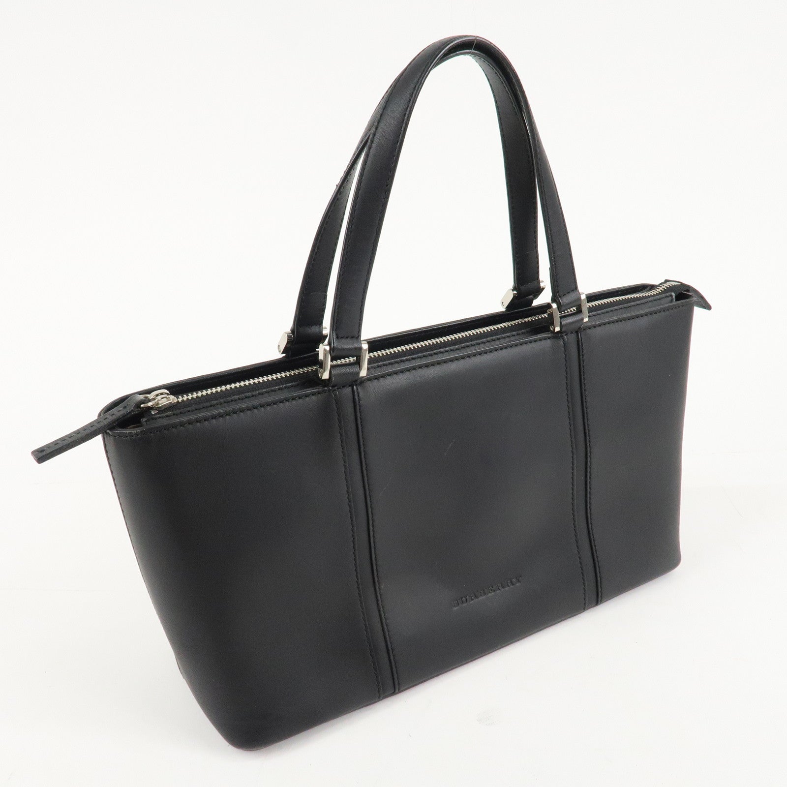 BURBERRY Leather Tote Bag Hand Bag Black Silver Hardware