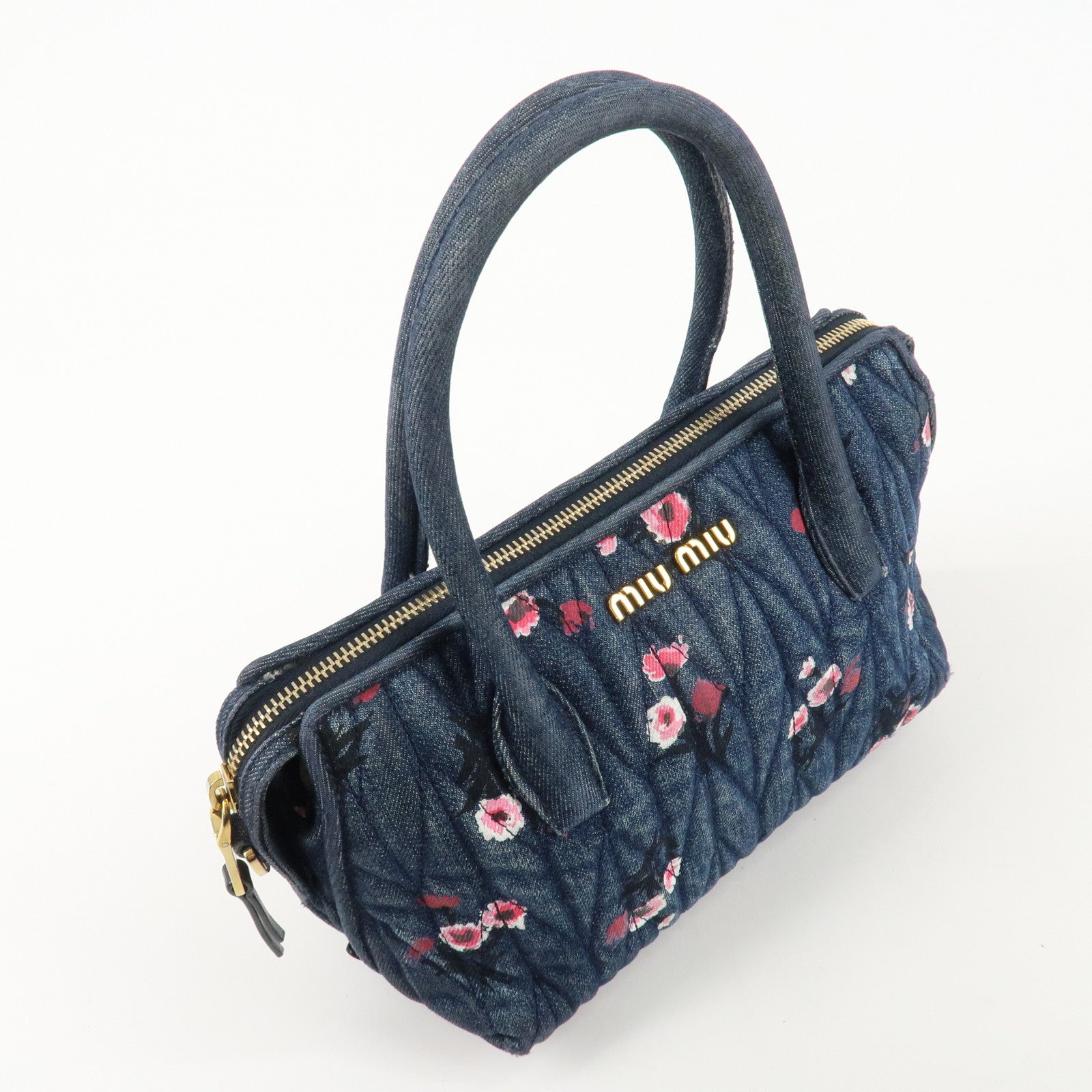 MIU MIU Matelasse Denim Leather 2Way Bag Hand Bag Flower 5BB020