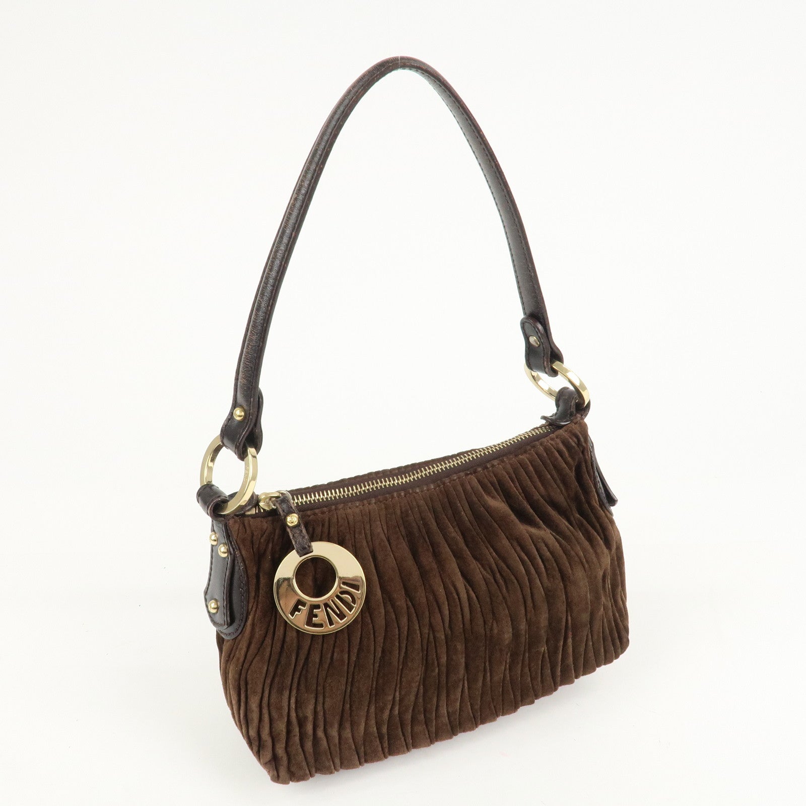 FENDI Suede Leather Gathered Shoulder Bag Dark Brown 8BR454 Used