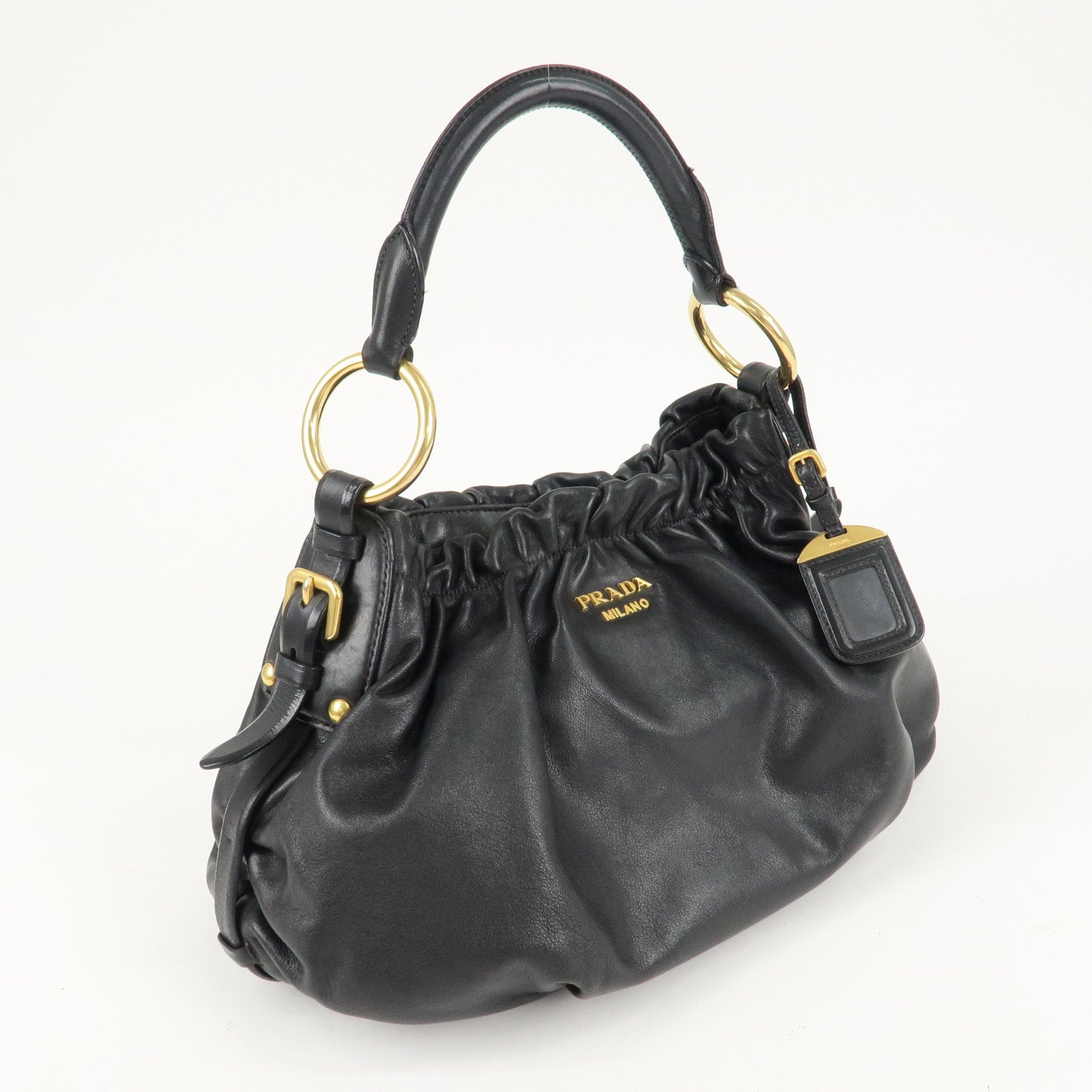 PRADA Leather Shoulder Bag Hand Bag Black Gold Hardware