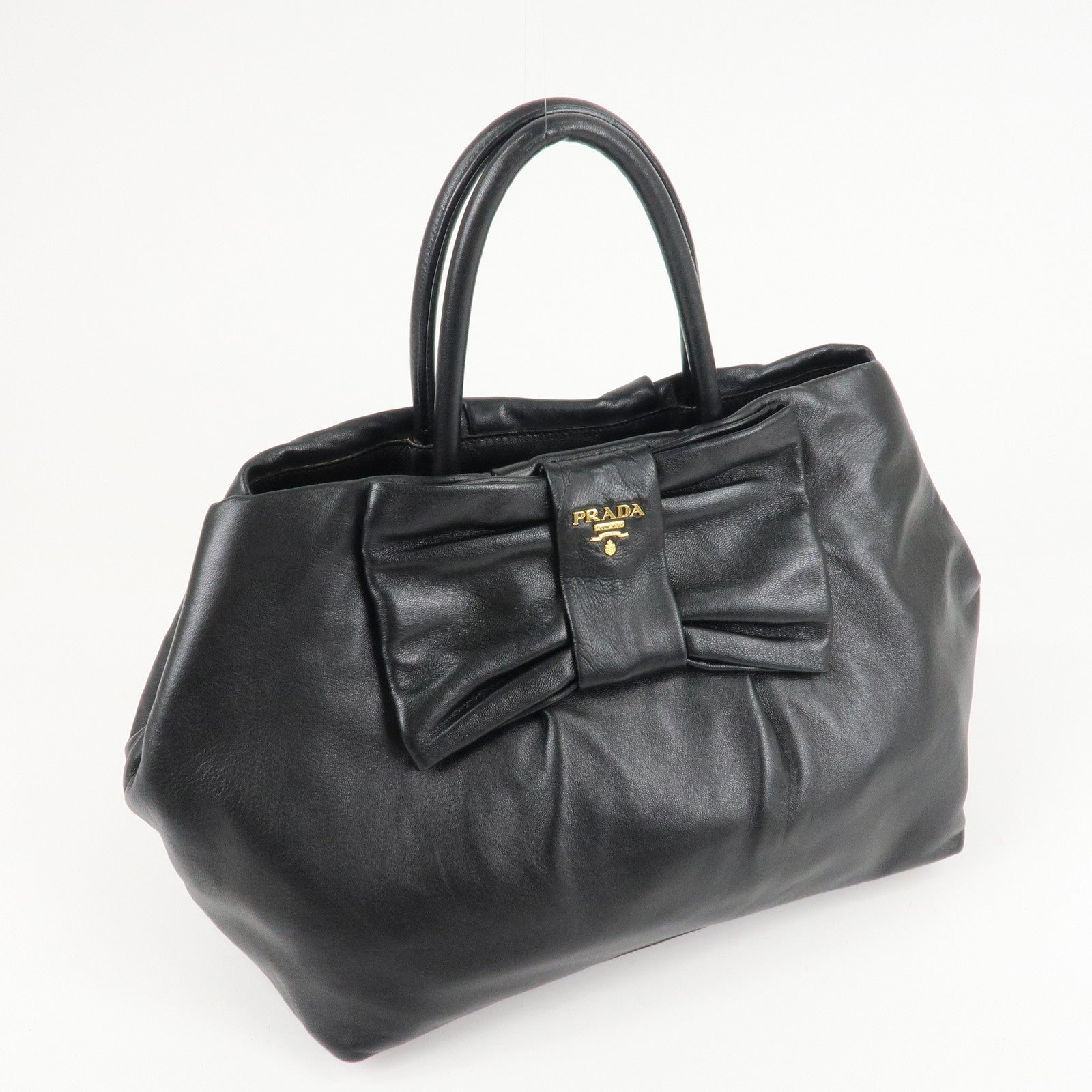 PRADA Nappa Leather Ribbon Tote Bag Hand Bag NERO Black BN1601 Used