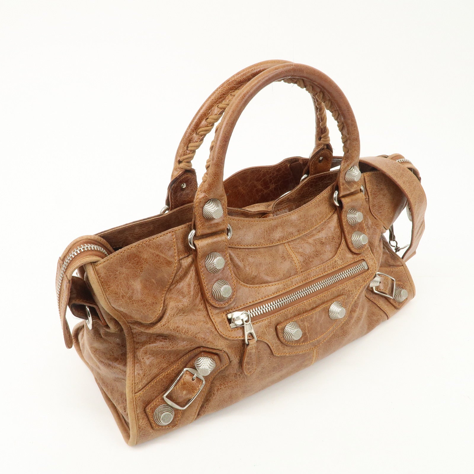 BALENCIAGA Giant City 2Way Bag Hand Bag Brown Silver HDW 173082 Used