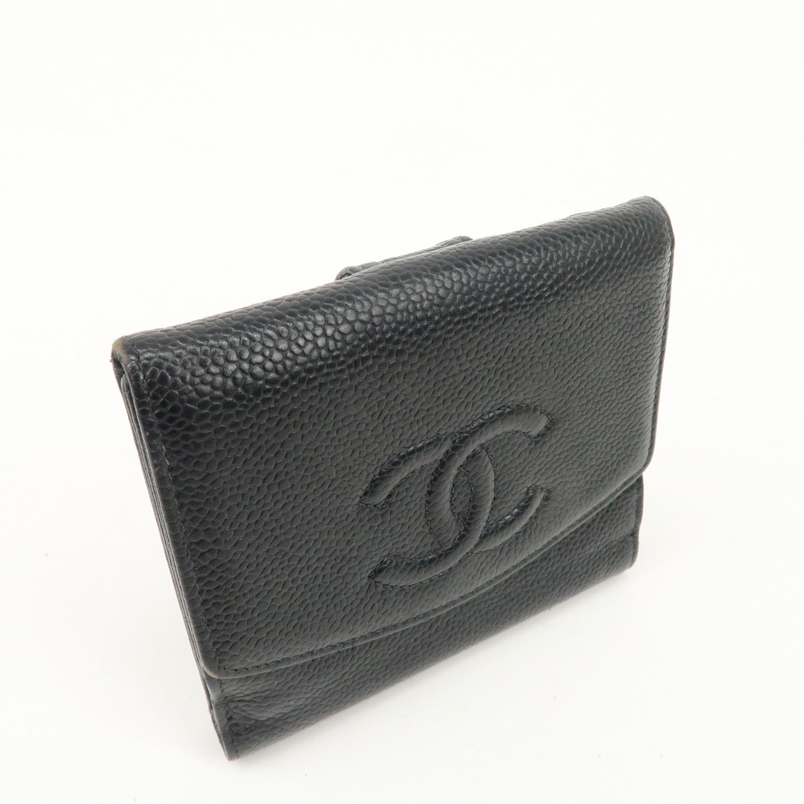 CHANEL COCO Mark Caviar Skin Double Hook Wallet Black A13496 Used