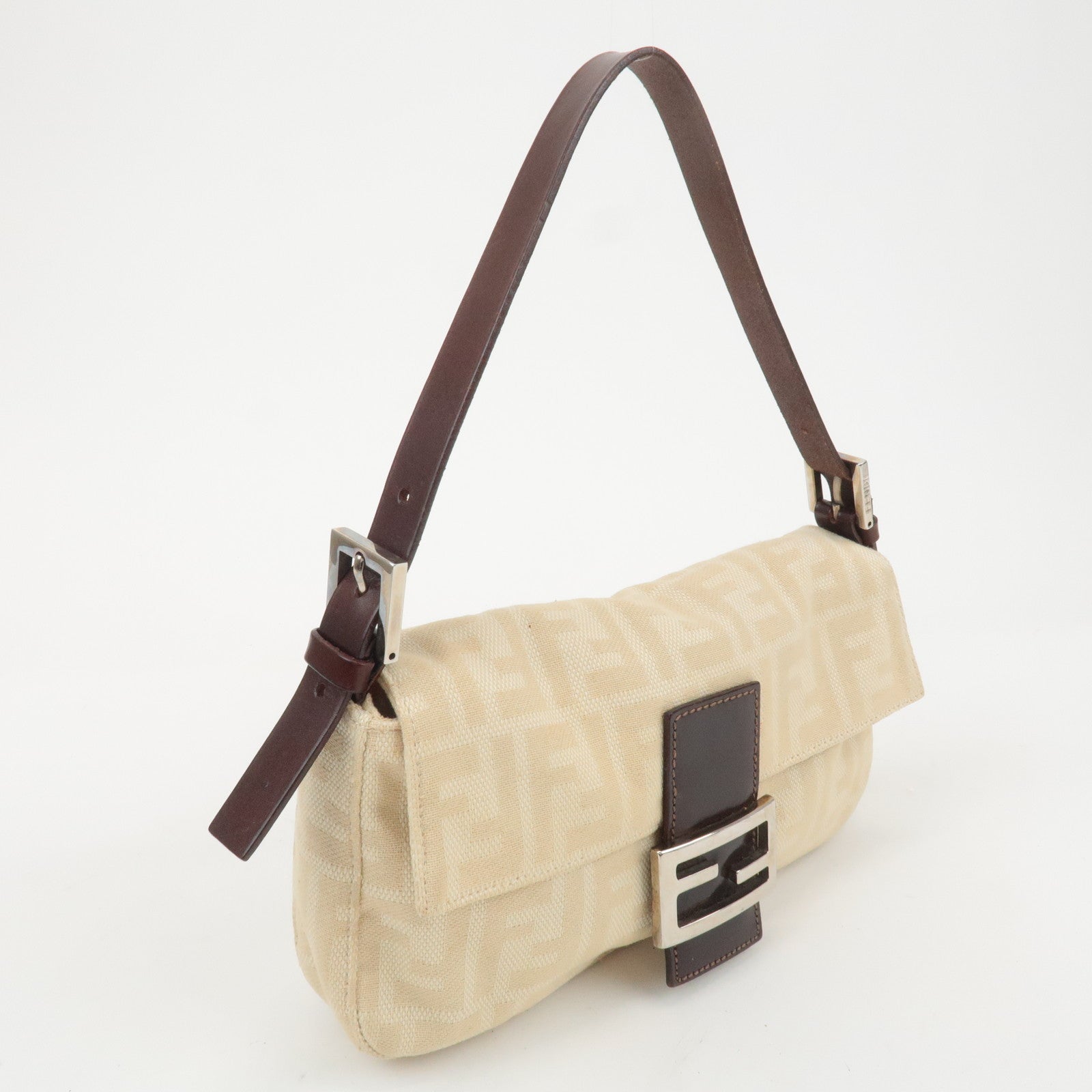 FENDI Mamma Baguette Canvas Leather Shoulder Bag Beige 26424