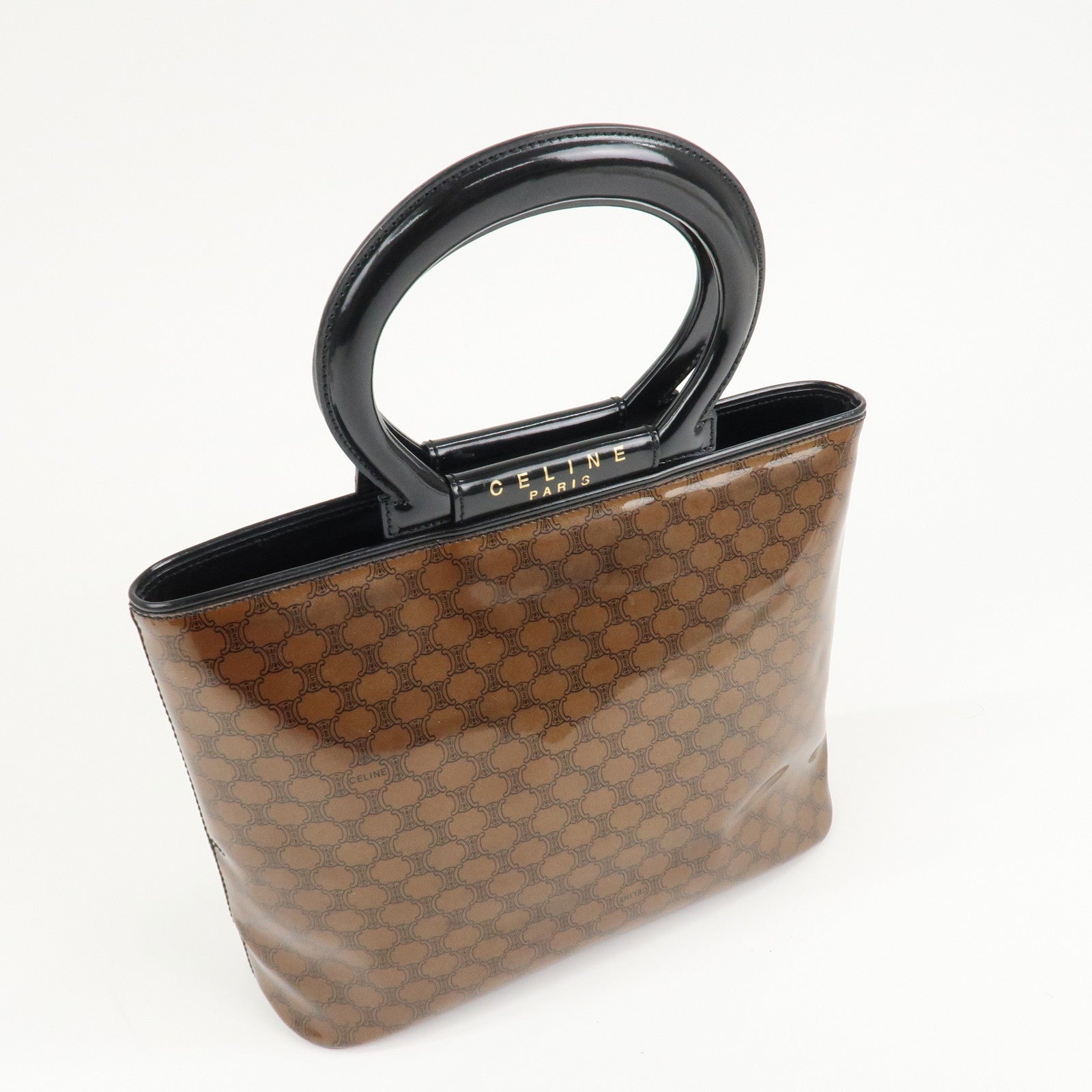 CELINE Macadam Patent Leather Mini Tote Bag Hand Bag Brown Black Used