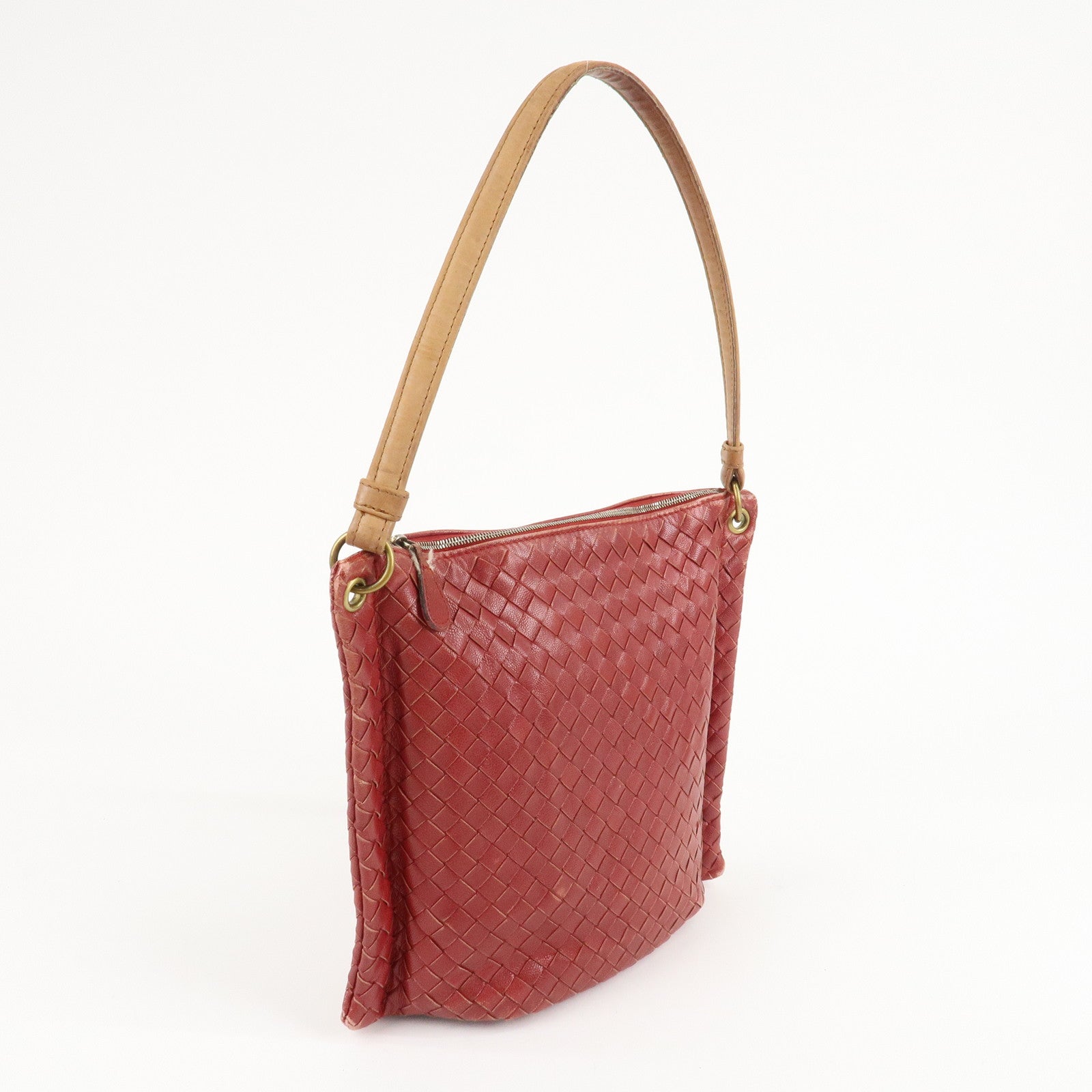 BOTTEGA VENETA Intrecciato Leather Shoulder Bag Red Beige 210236 Used