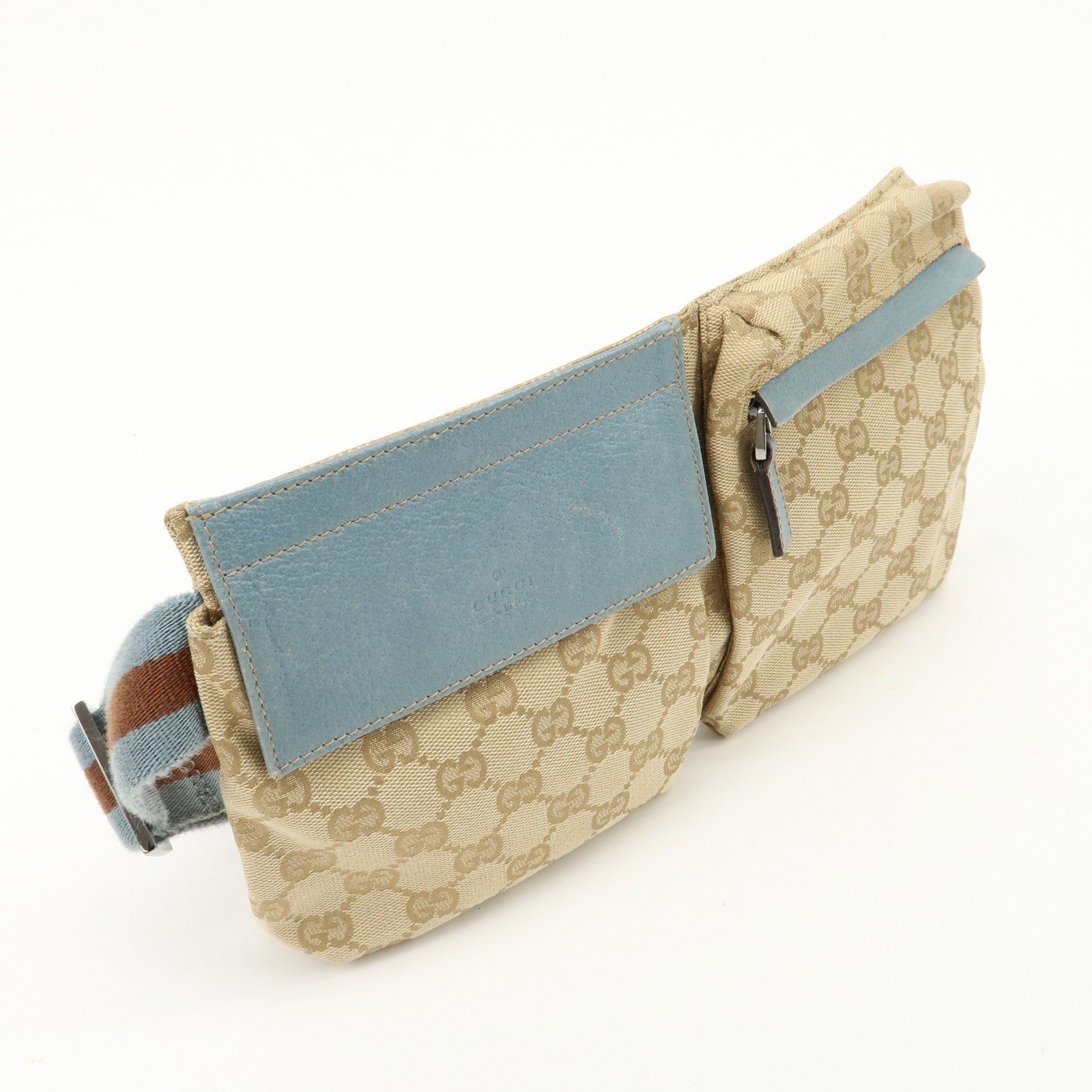 GUCCI GG Canvas Leather Waist Bag Crossbody Bag Beige Blue 28566