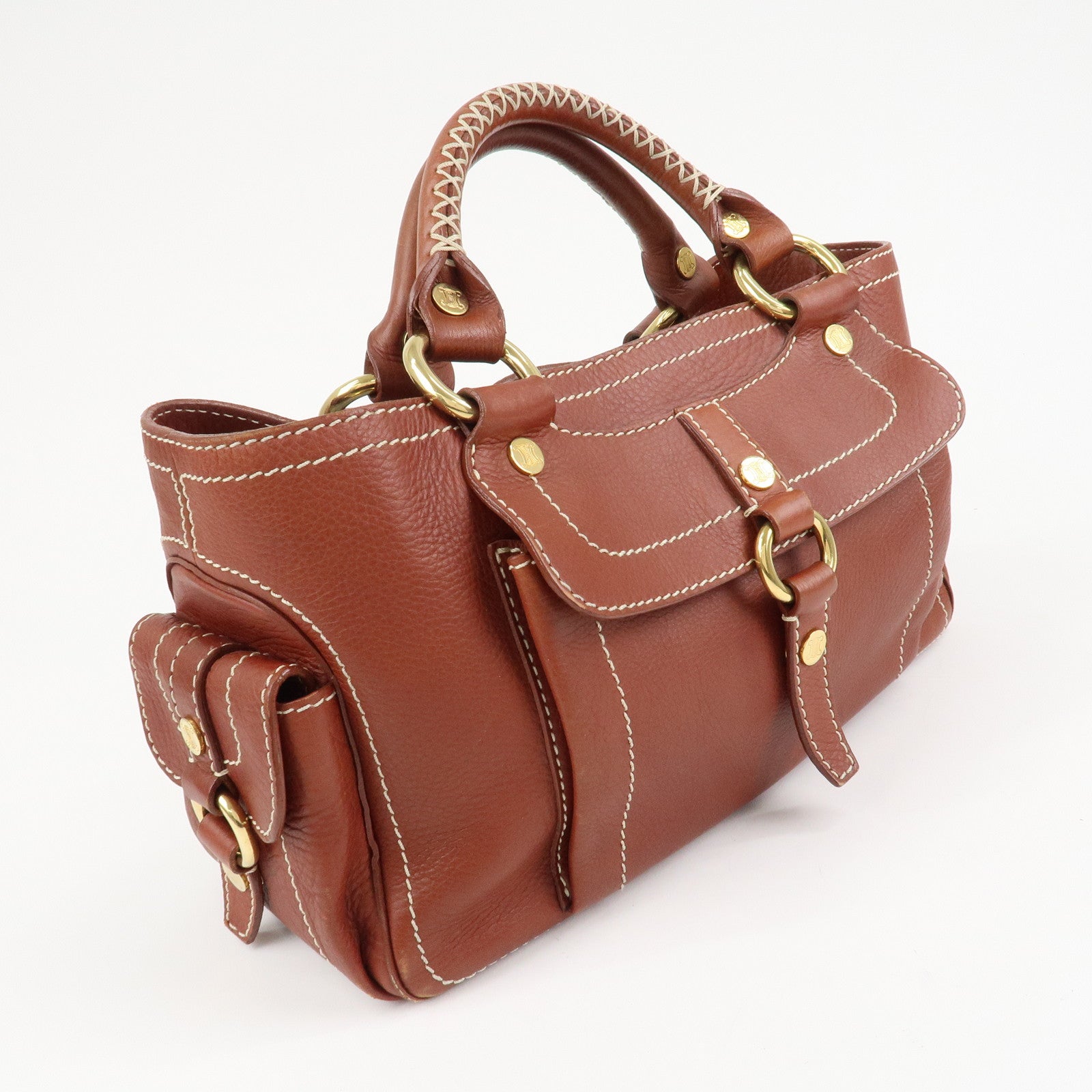 CELINE Macadam Stamped Leather Boogie Hand Bag Brown Gold HDW Used