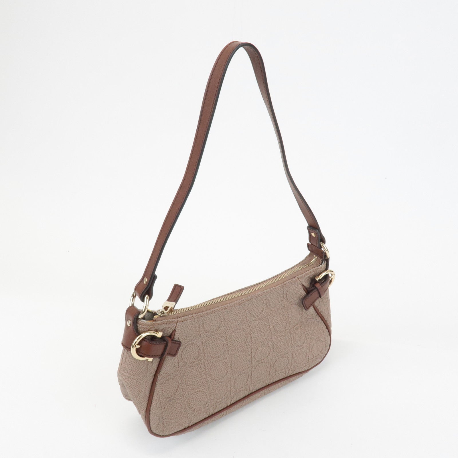Ferragamo Gancini PVC Leather Shoulder Bag Pink Beige Brown Used