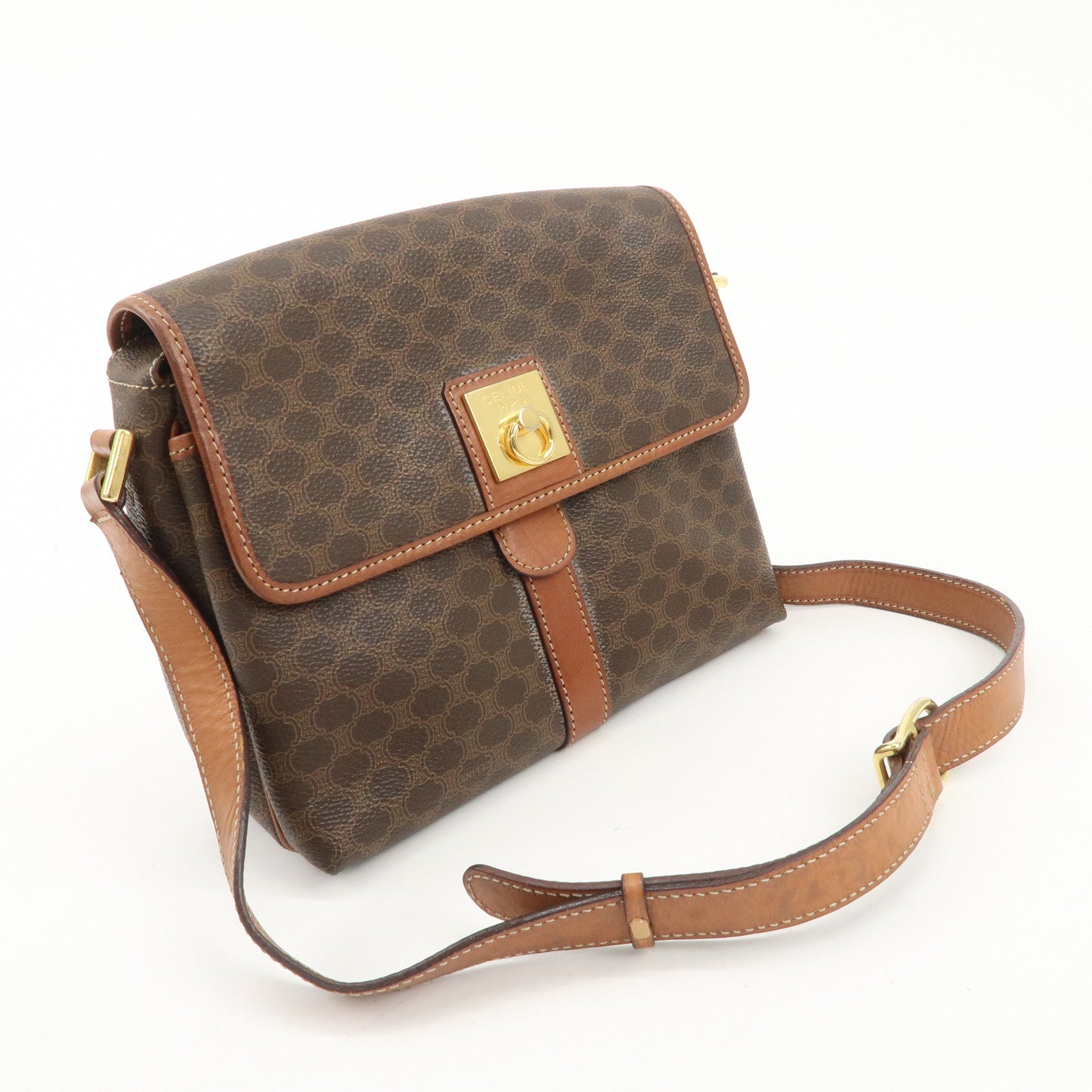 CELINE Macadam PVC Leather Shoulder Bag Brown Gold Hardware Used