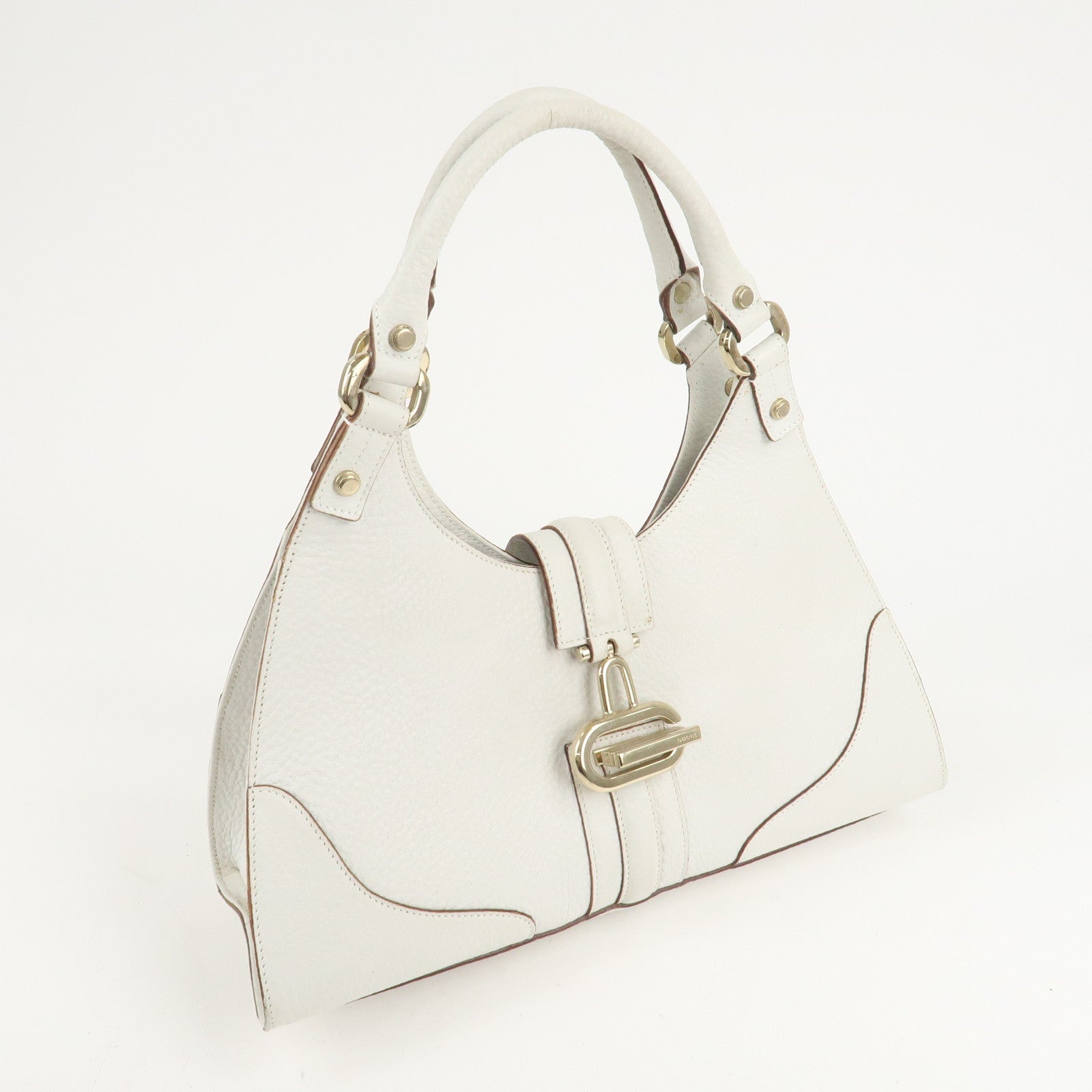 GUCCI Leather Shoulder Bag Hand Bag White Gold HDW 130995