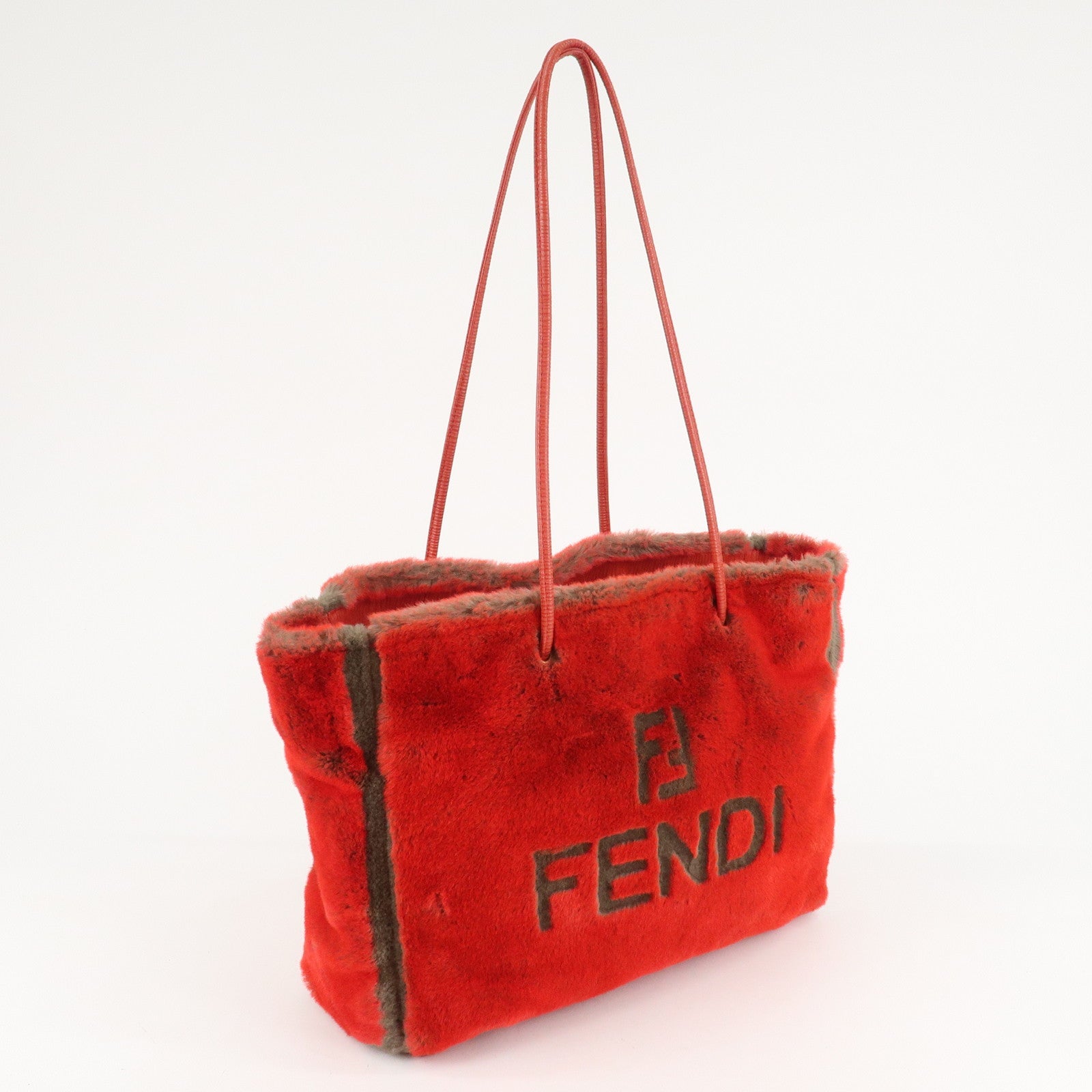 FENDI Leather Fake Fur Shoulder Bag Tote Bag Red