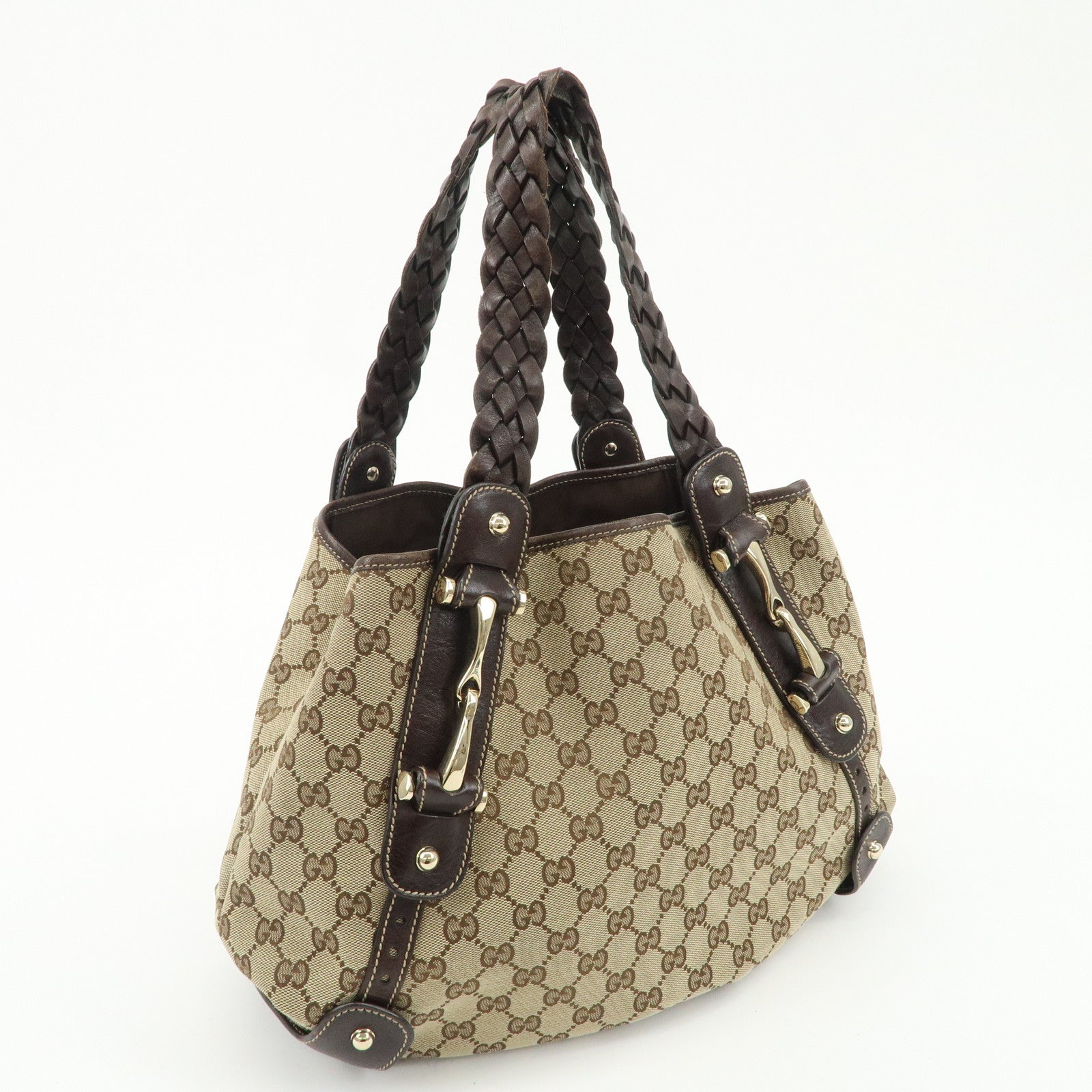 GUCCI Horsebit GG Canvas Leather Tote Bag Beige Brown 162900