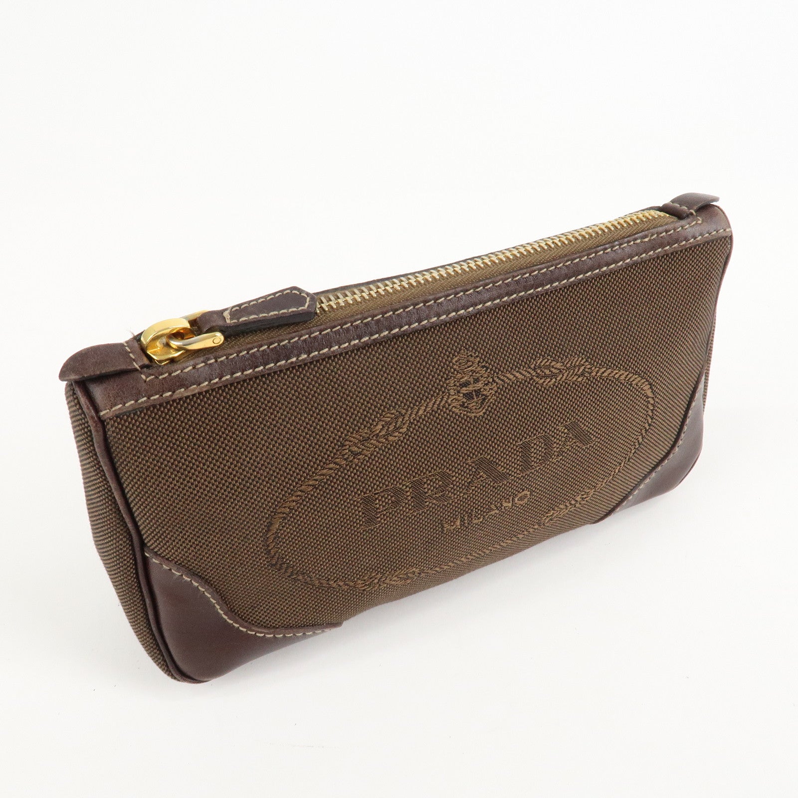 PRADA Logo Jaquard Leather Pouch Brown