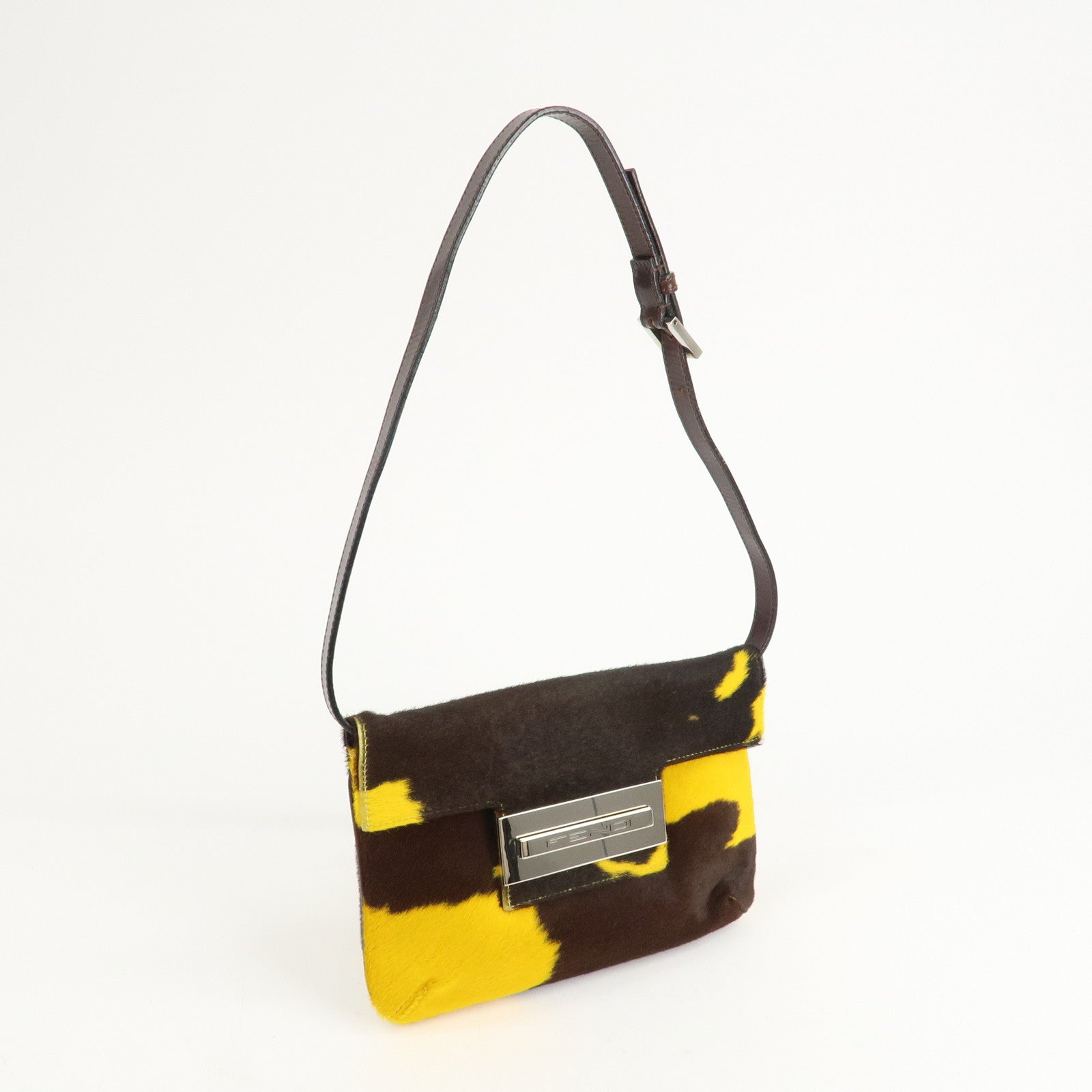 FENDI COW Unborn Calf Leather Shoulder Bag Yellow Brown