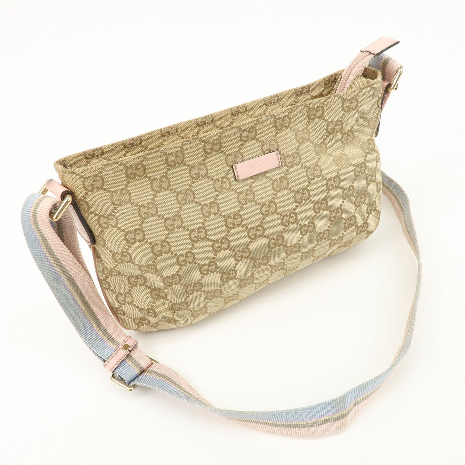 GUCCI GG Canvas Leather Shoulder Bag Beige Pink 189749