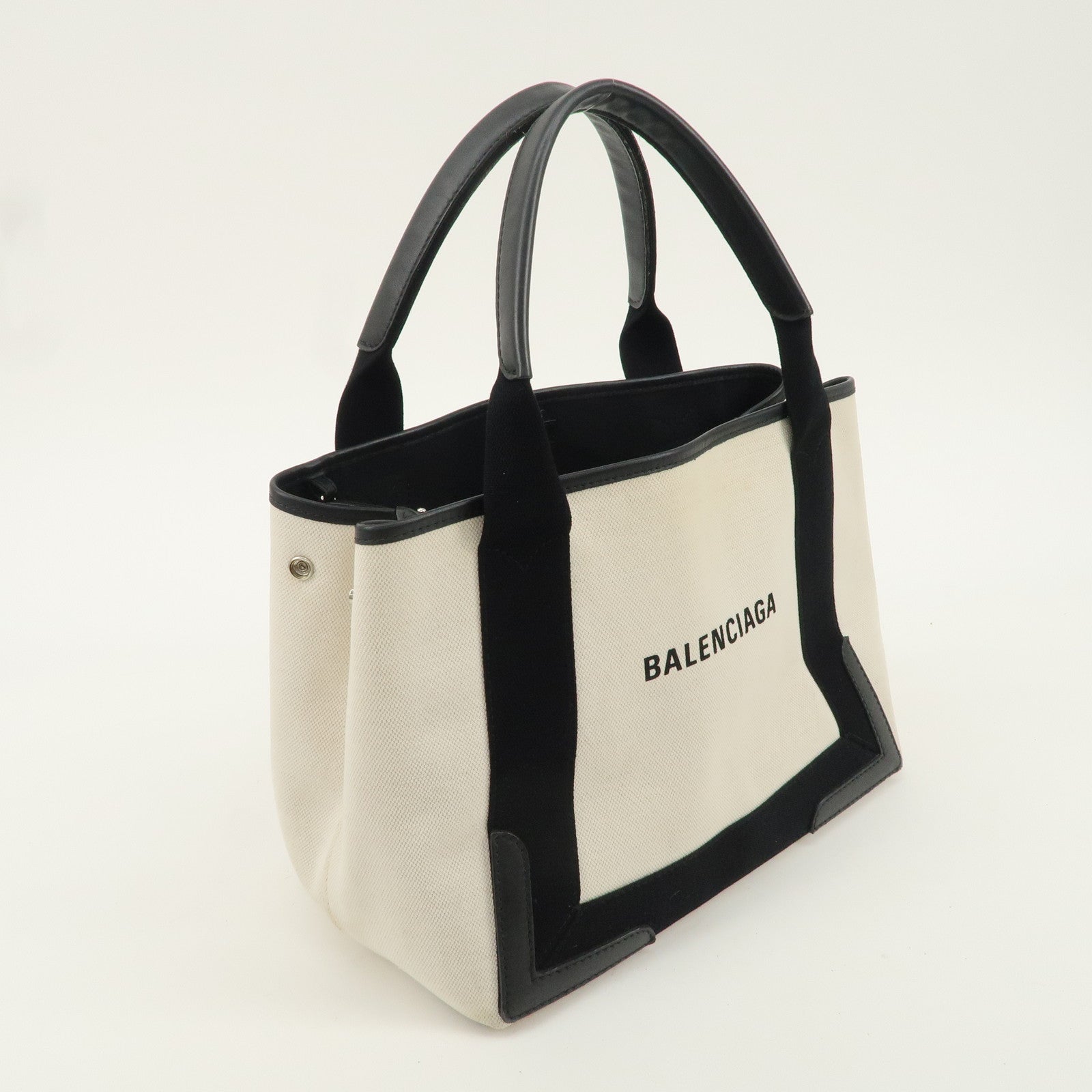 BALENCIAGA Navy Cabas S Canvas Leather Tote Bag Ivory Black 339933