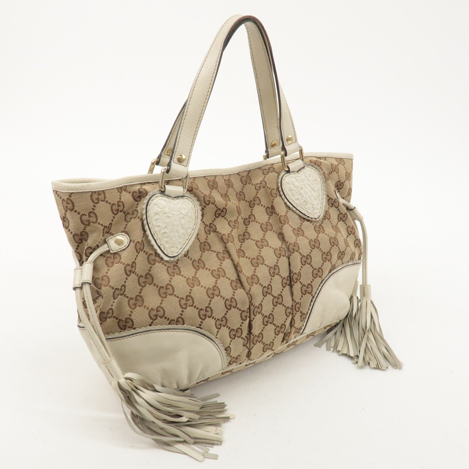 GUCCI GG Canvas Leather Crest Hand Bag Beige Brown 211955