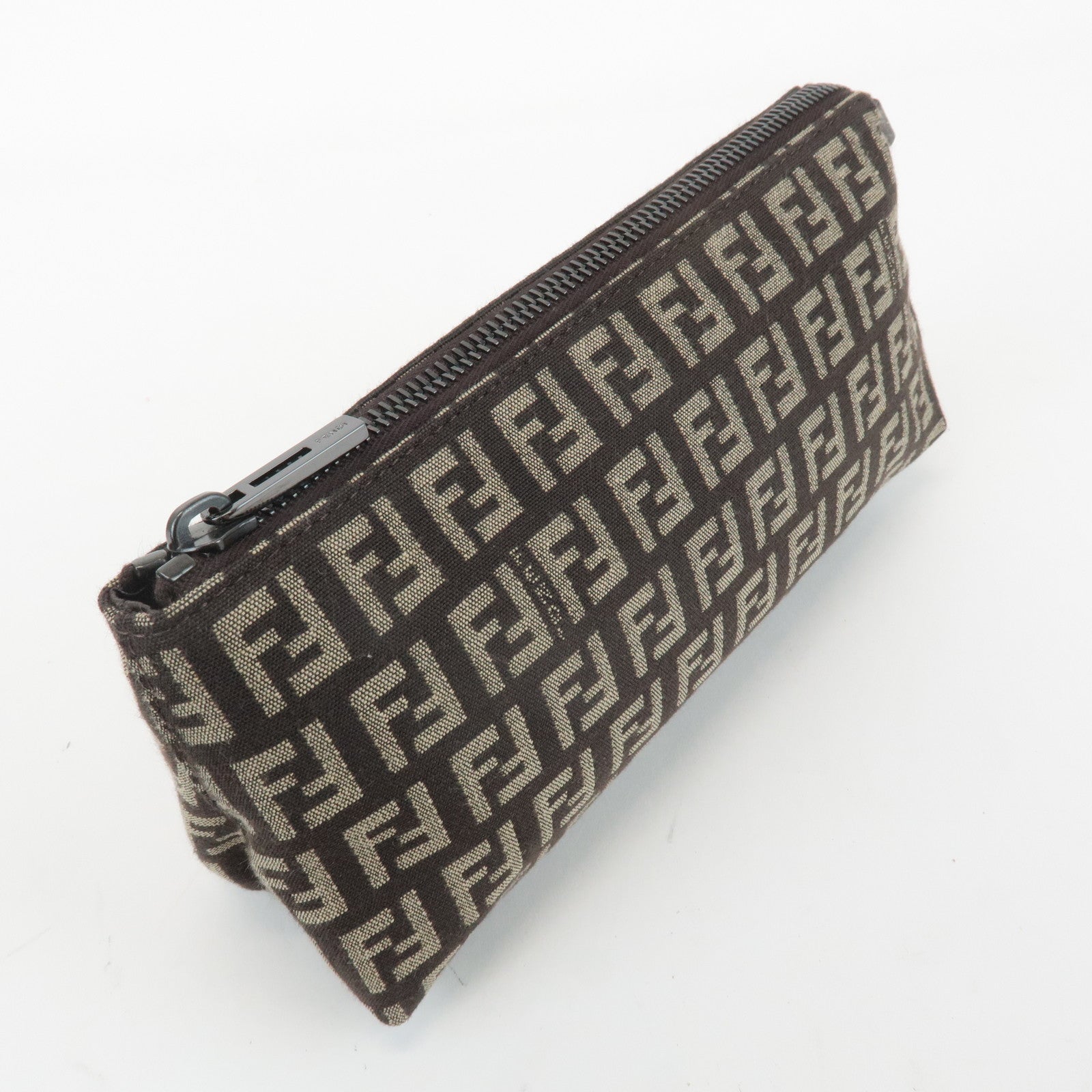 FENDI Zucchino Canvas Leather Pouch Beige Brown 7N0038 Used