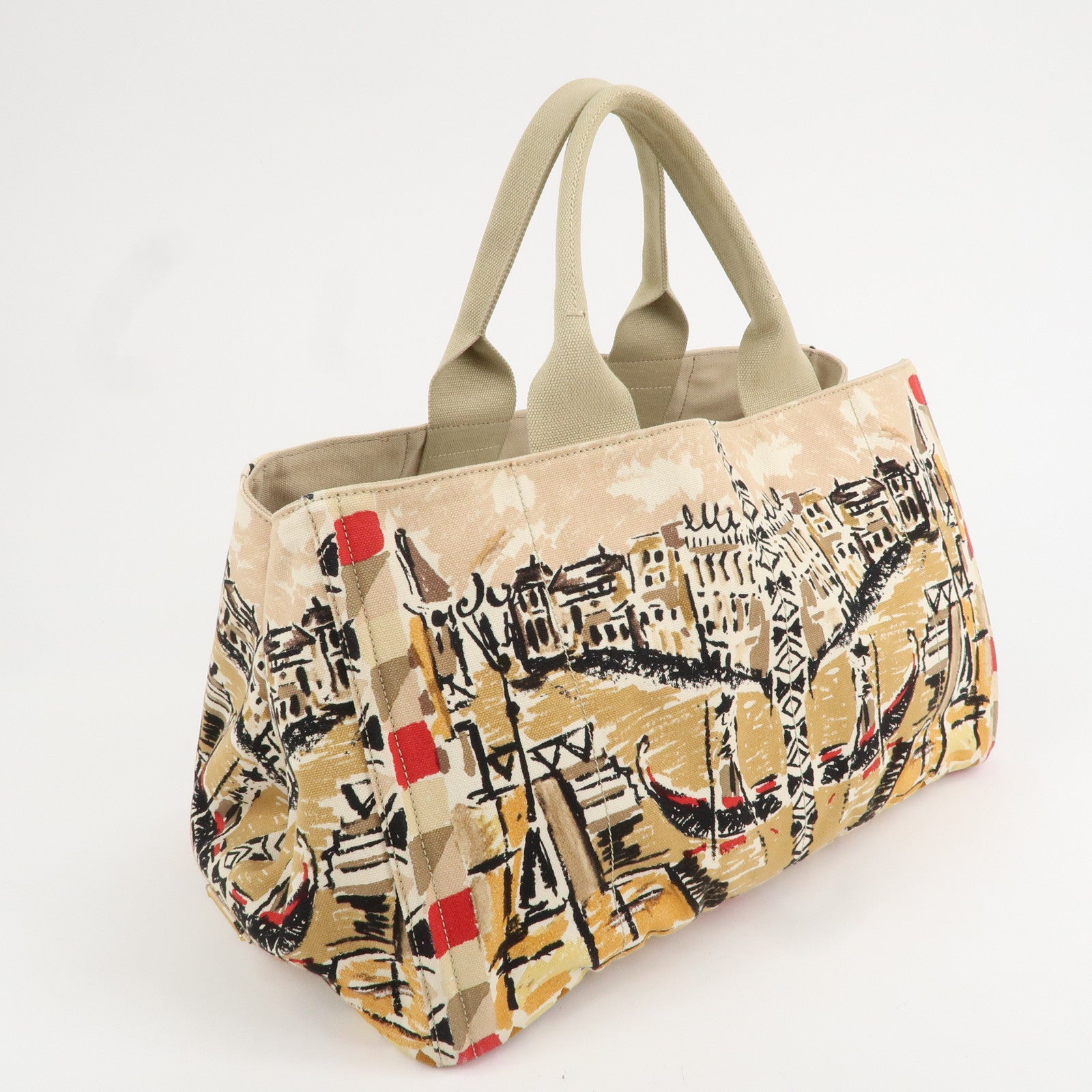 PRADA Canapa Tote Bag Hand Bag Beige Brown Sketch Pattern