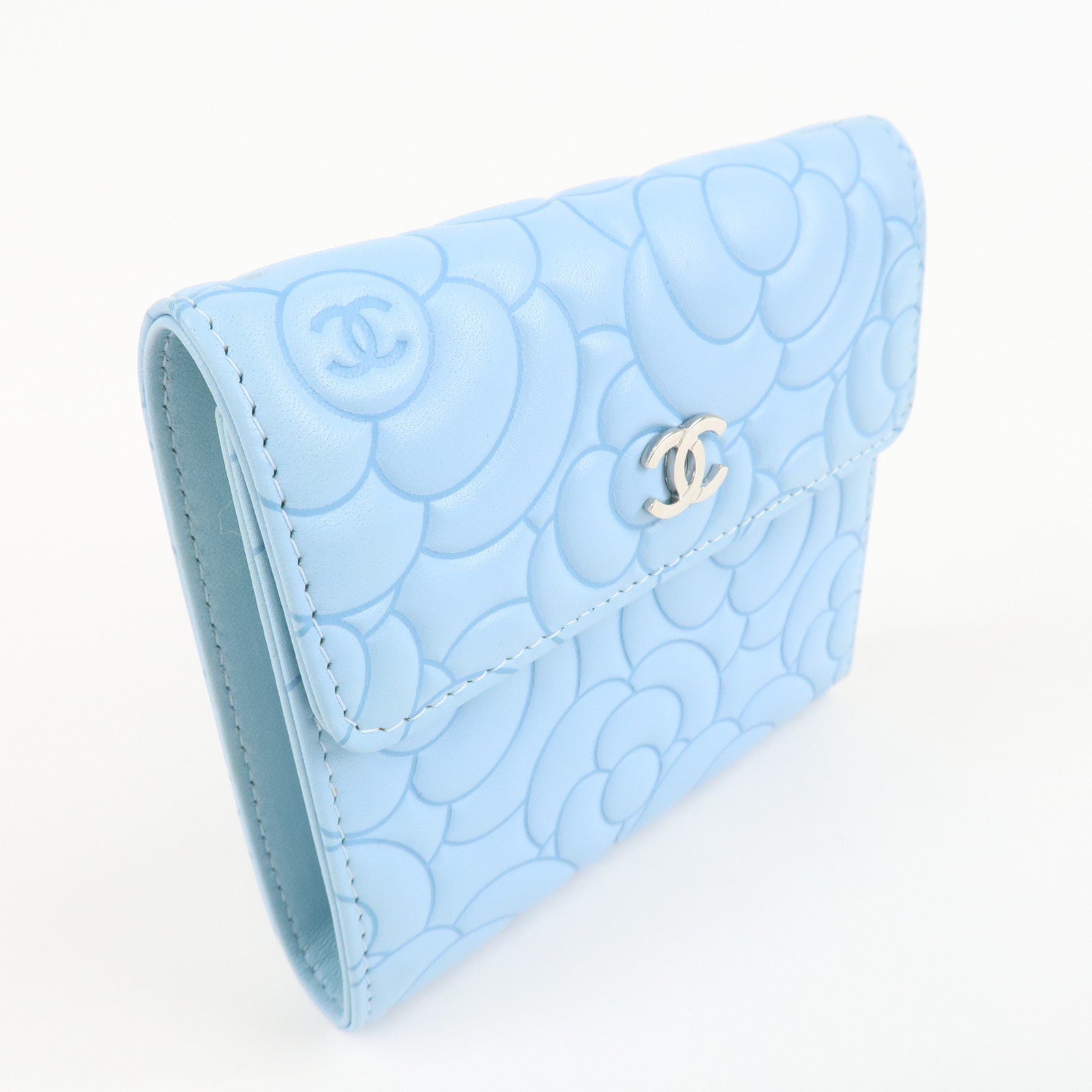 CHANEL Camelia Lamb Skin Bi-fold Wallet Blue