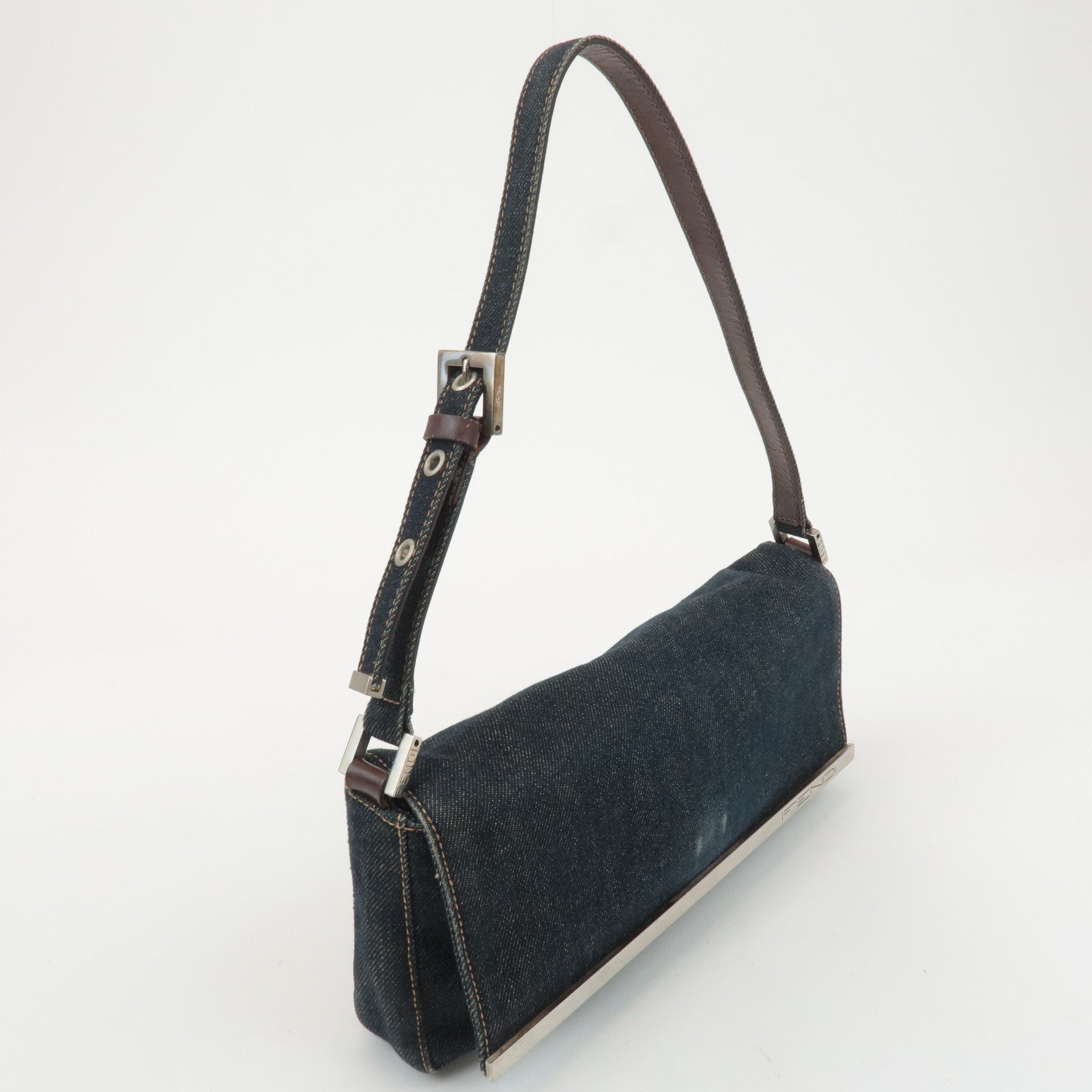 FENDI Denim Leather Shoulder Bag Indigo Brown 26640