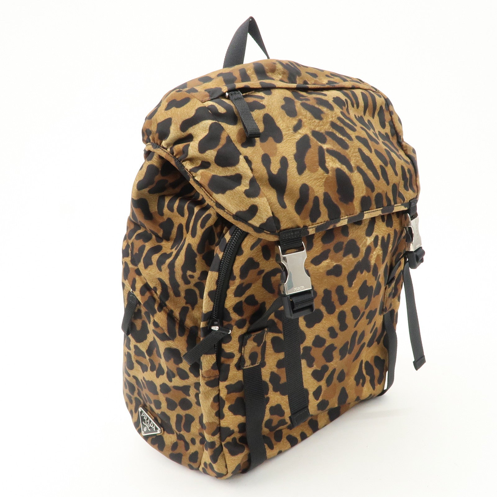 PRADA Nylon Leopard Print Back Pack Brown Black 2VZ062 Used