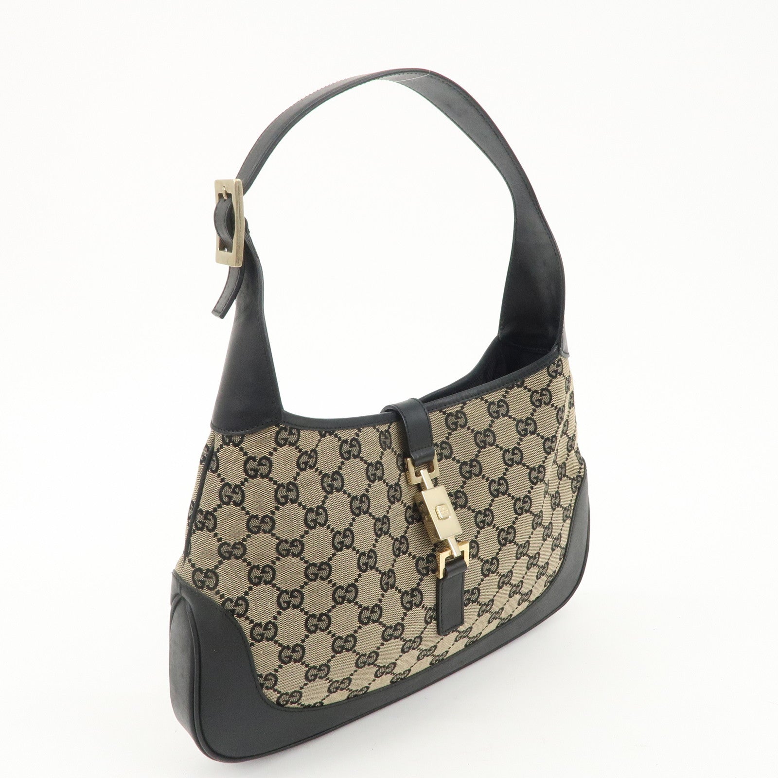 GUCCI Jackie GG Canvas Leather Shoulder Bag Beige Black 001.3306